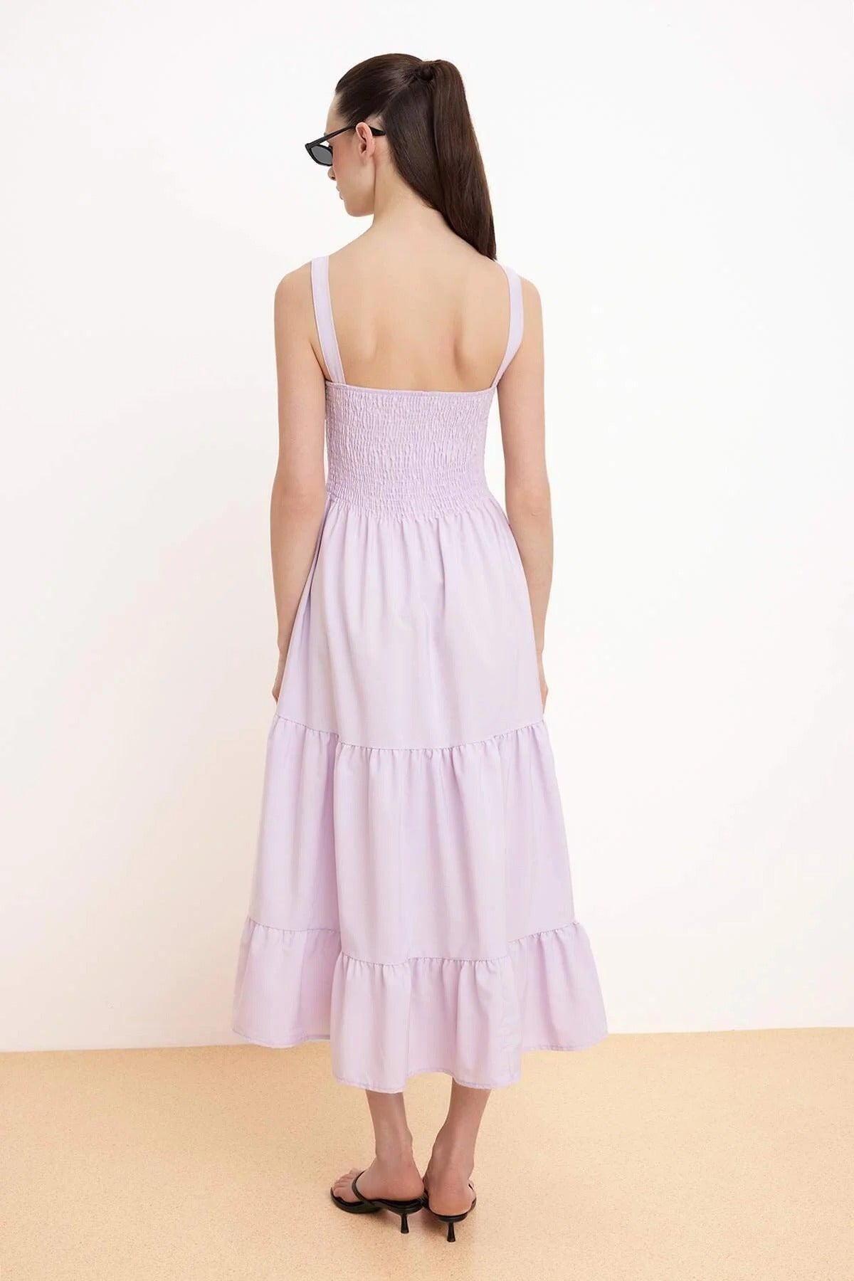 Ruched Square Neck Thick Strap A-Line Maxi Dress