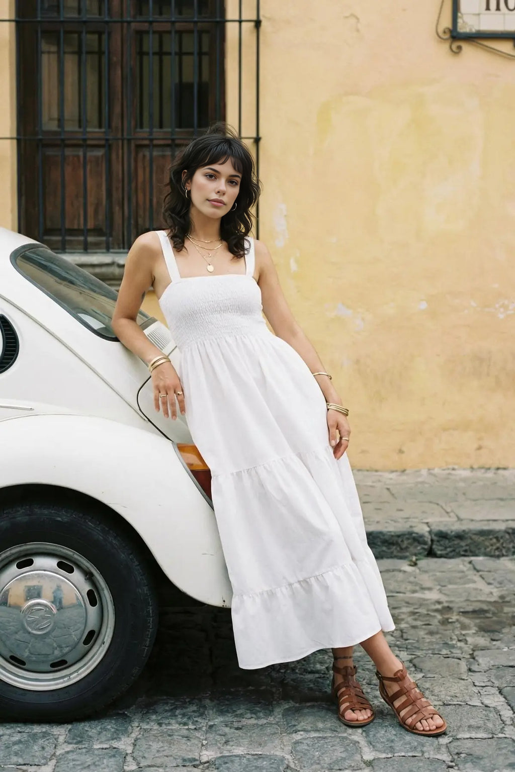 Ruched Square Neck Thick Strap A-Line Maxi Dress