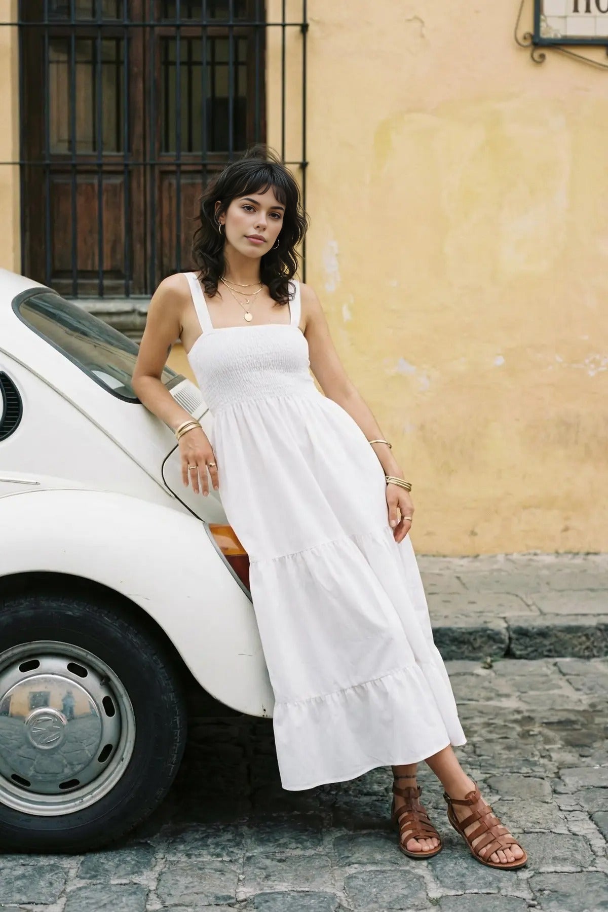 Ruched Square Neck Thick Strap A-Line Maxi Dress
