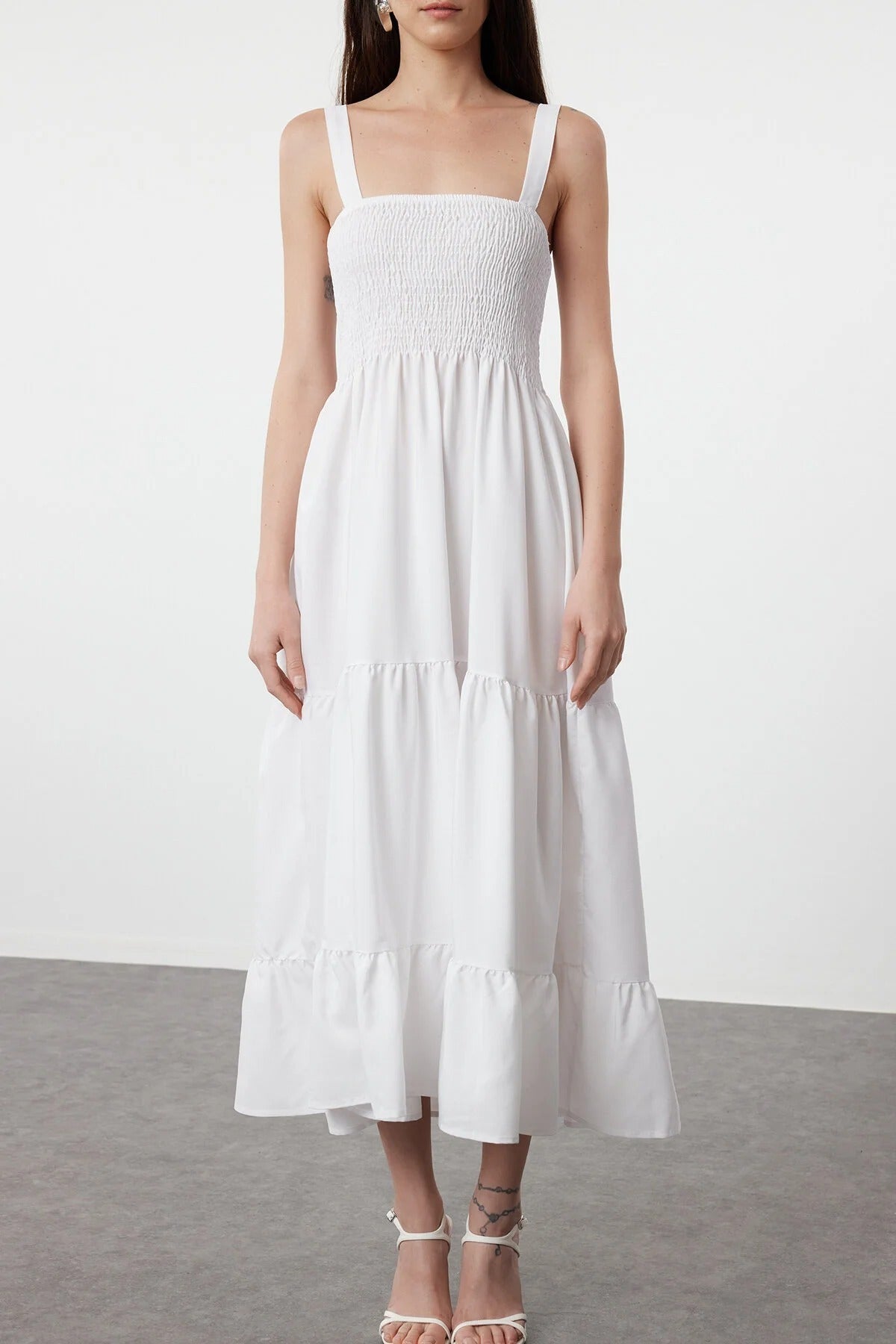 Ruched Square Neck Thick Strap A-Line Maxi Dress