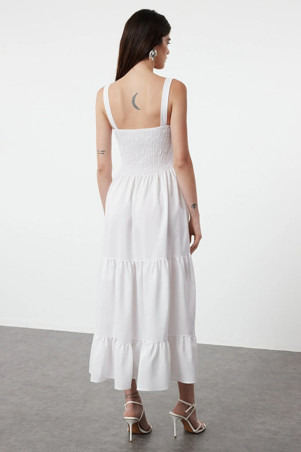 Ruched Square Neck Thick Strap A-Line Maxi Dress