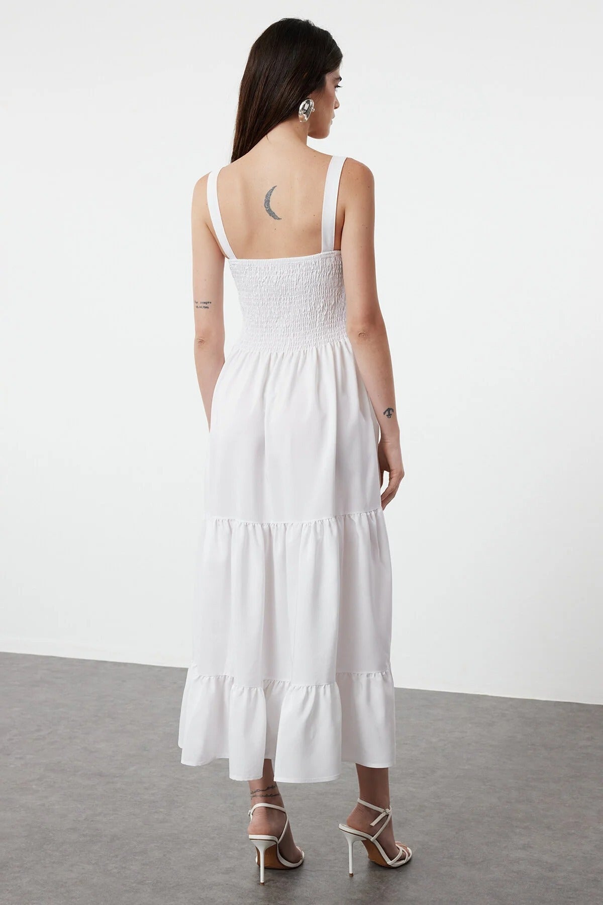 Ruched Square Neck Thick Strap A-Line Maxi Dress