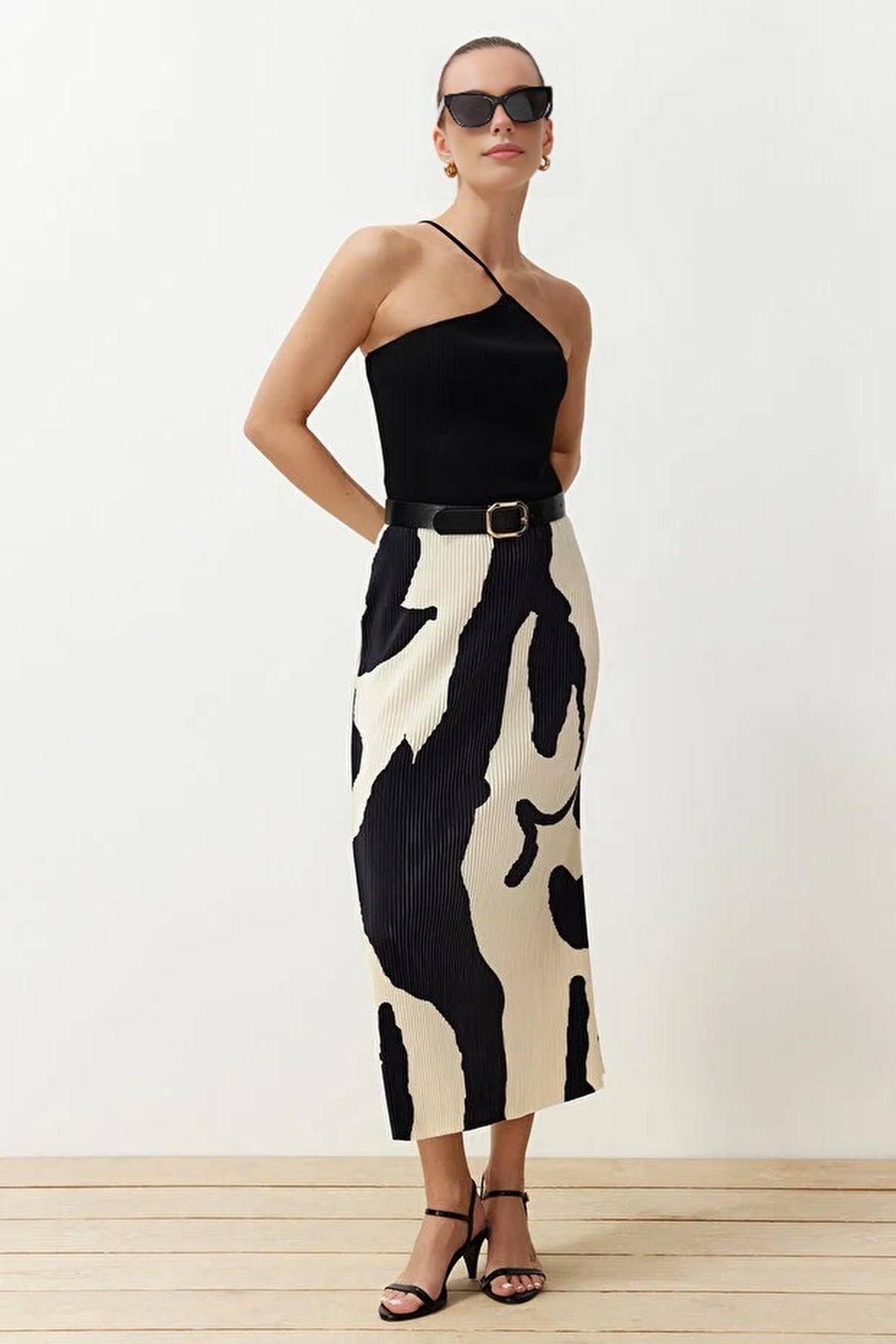 Abstract Pleated A-line Printed Midi Stretch Knit Skirt