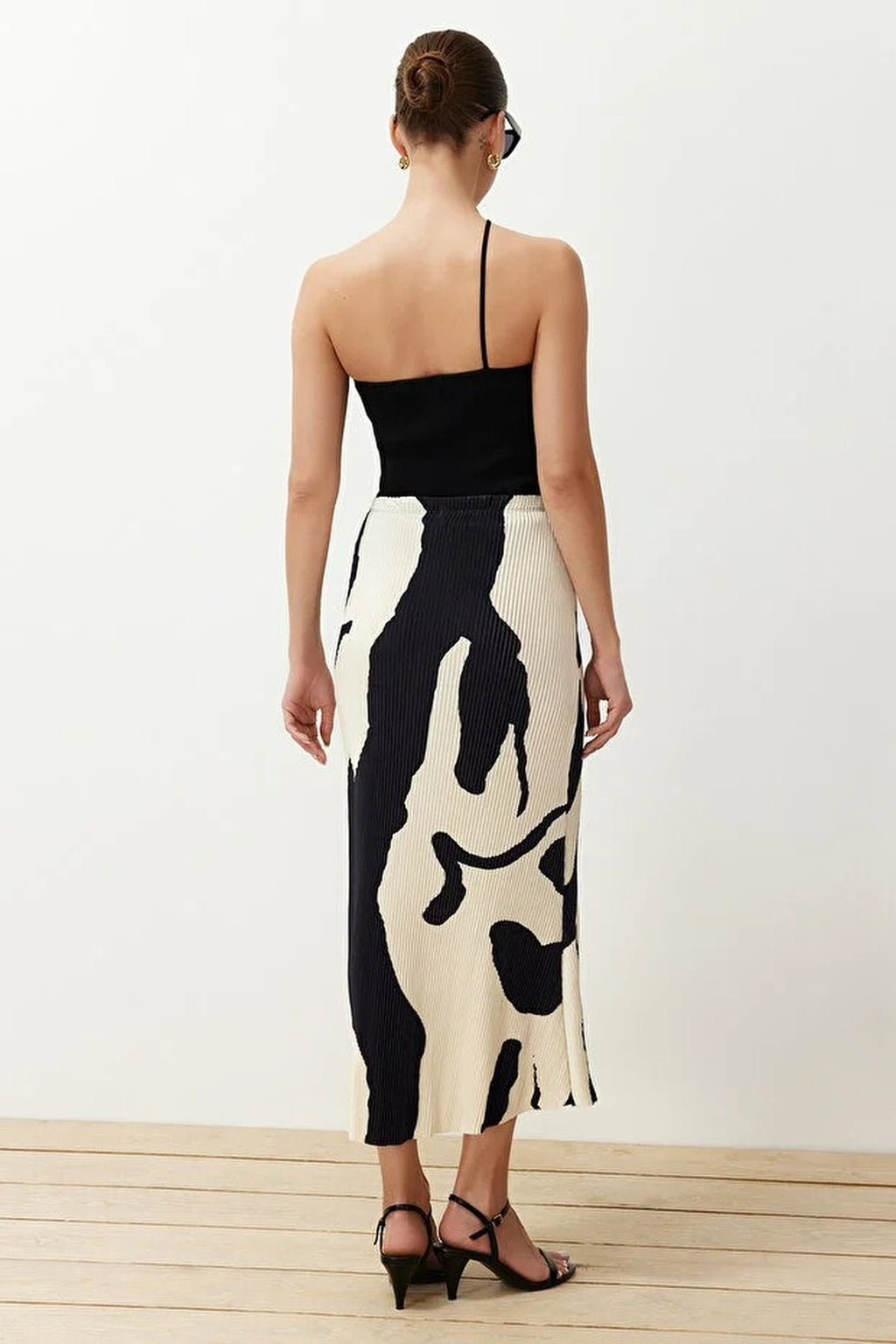 Abstract Pleated A-line Printed Midi Stretch Knit Skirt
