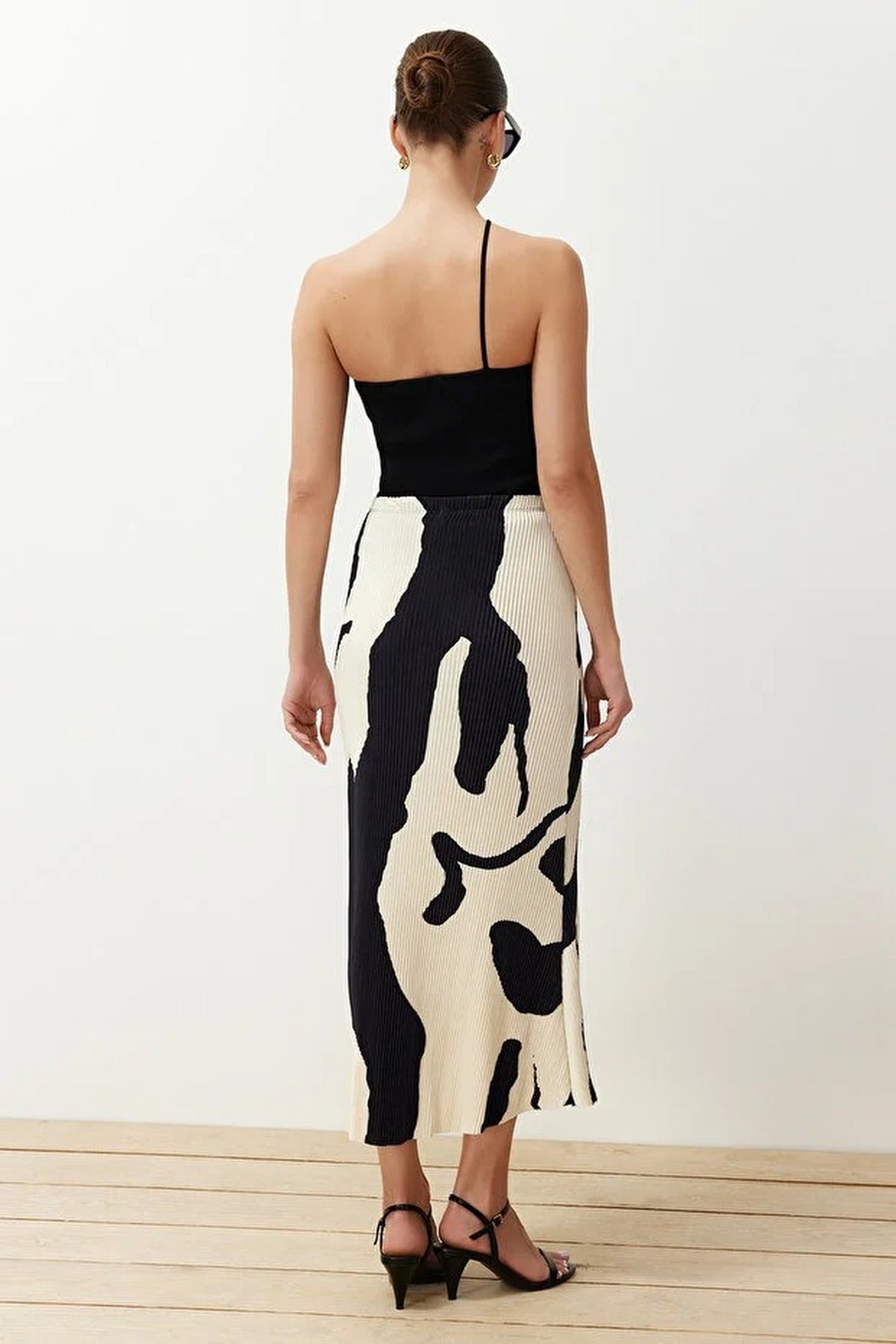 Abstract Pleated A-line Printed Midi Stretch Knit Skirt