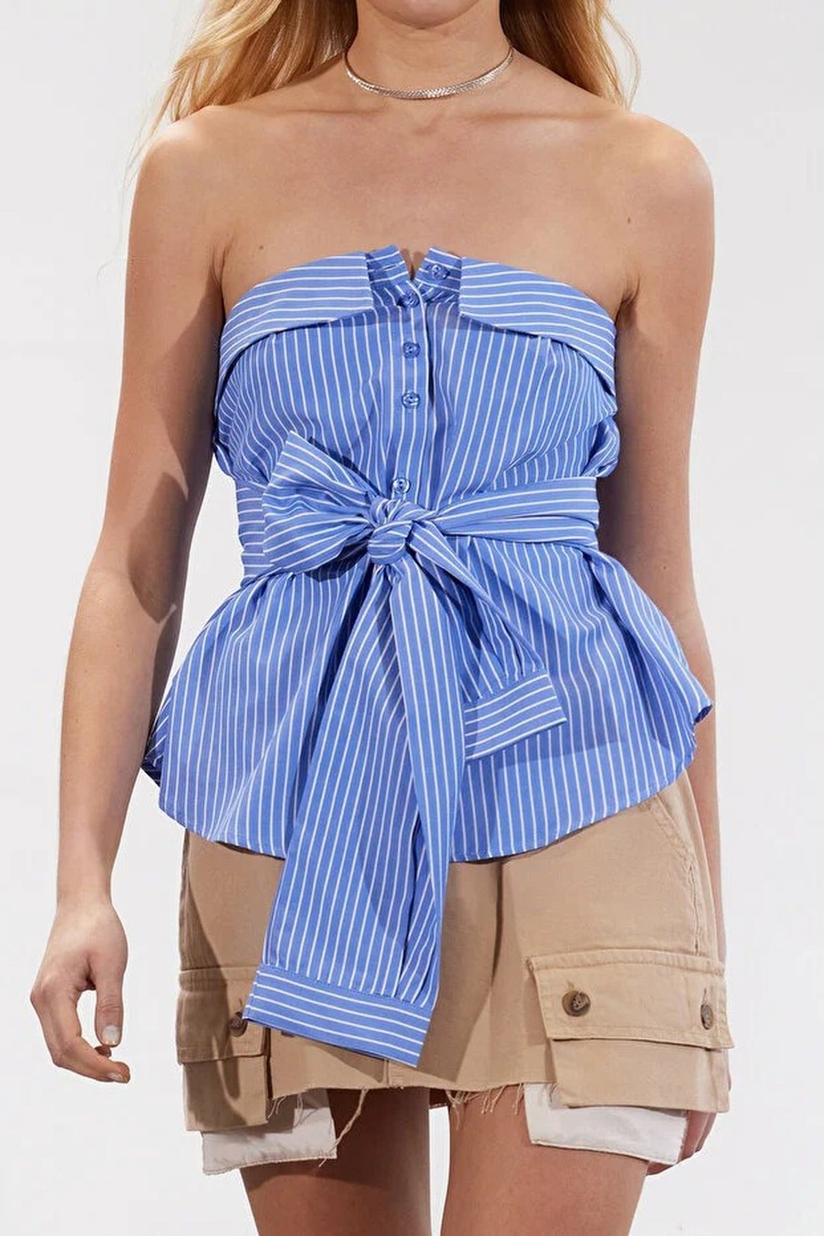 Strapless Striped Woven Shirt with Tie