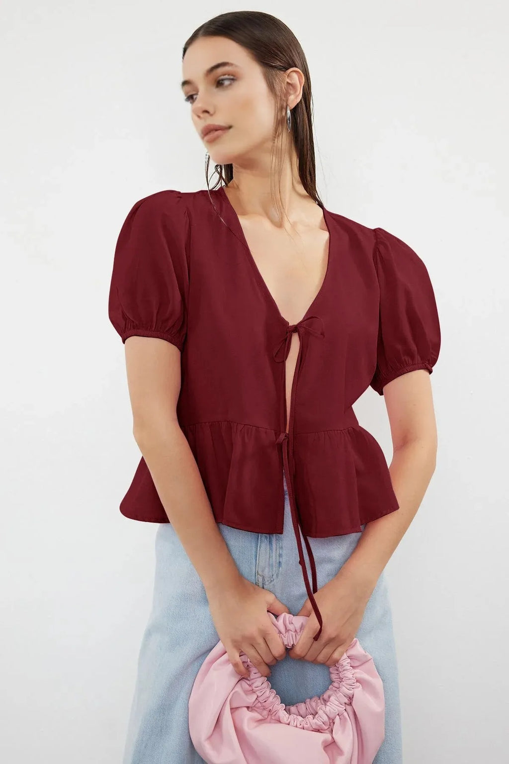 Tie Front V-Neck Short Sleeve Woven Shirt