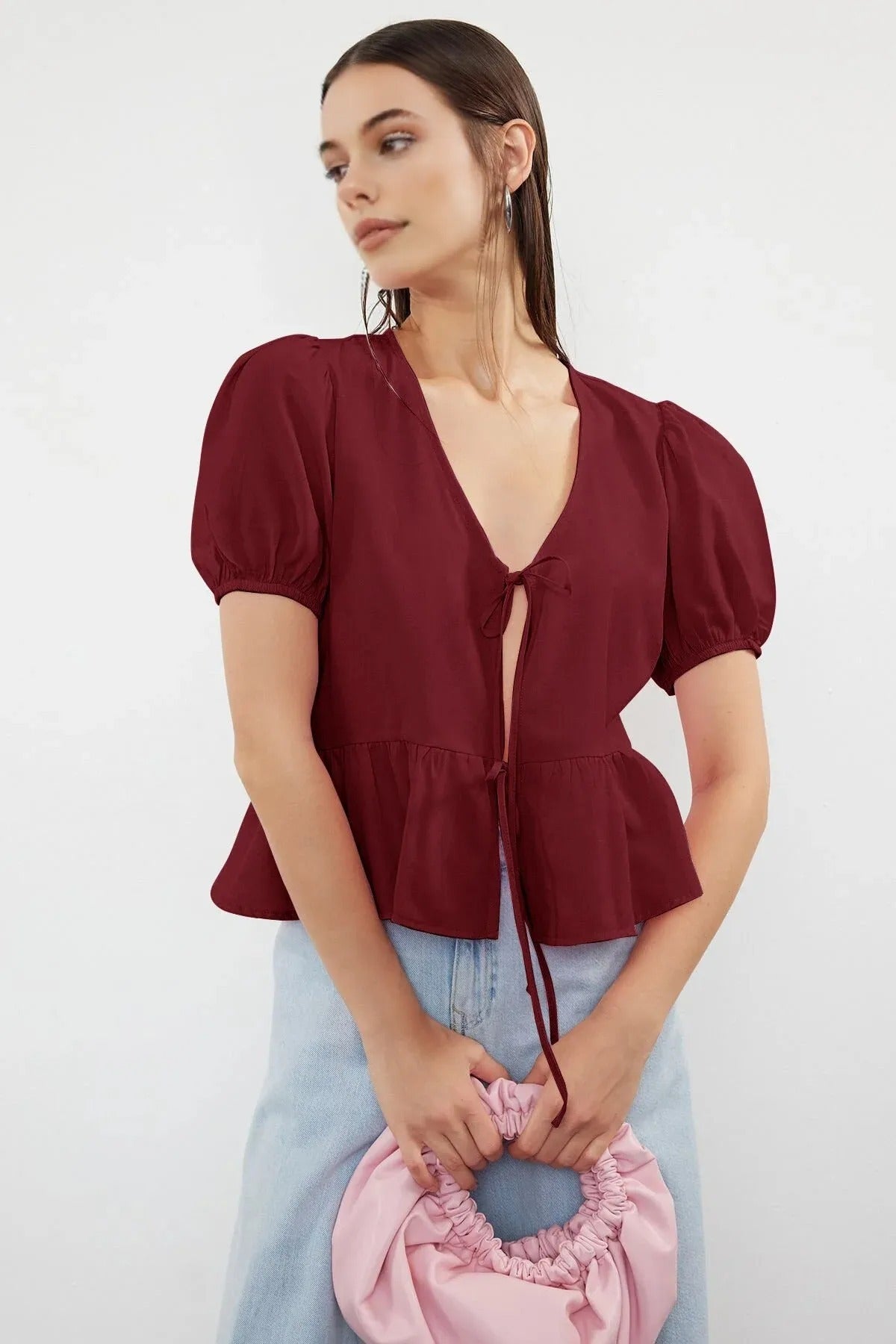Tie Front V-Neck Short Sleeve Woven Shirt