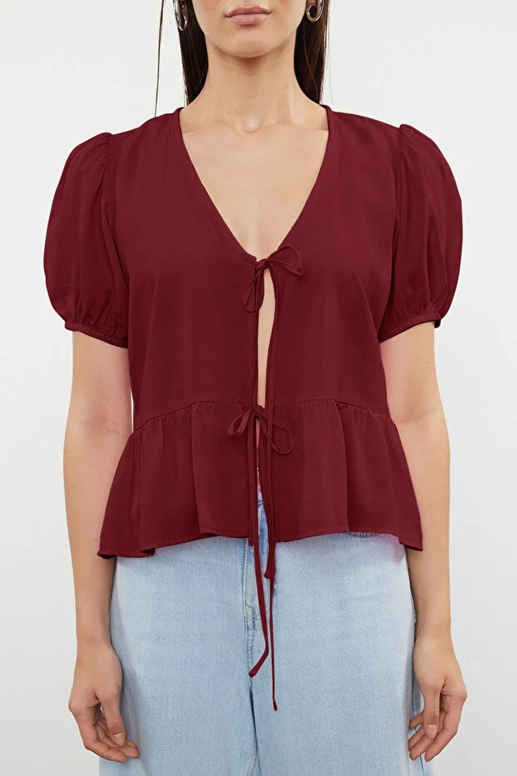 Tie Front V-Neck Short Sleeve Woven Shirt