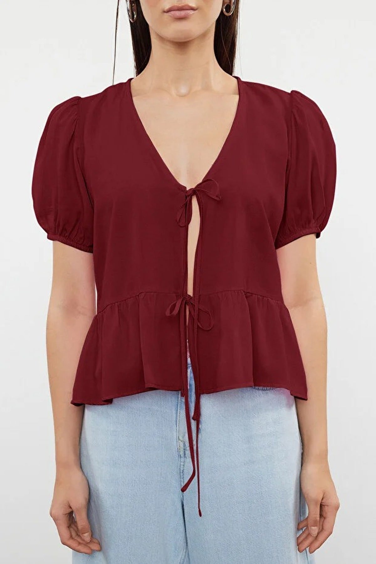Tie Front V-Neck Short Sleeve Woven Shirt