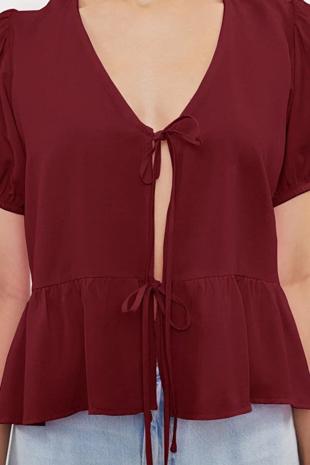 Tie Front V-Neck Short Sleeve Woven Shirt
