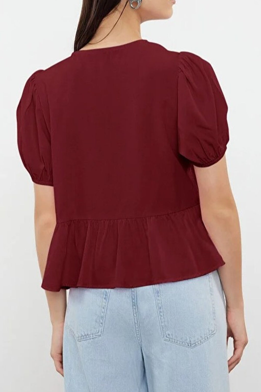 Tie Front V-Neck Short Sleeve Woven Shirt