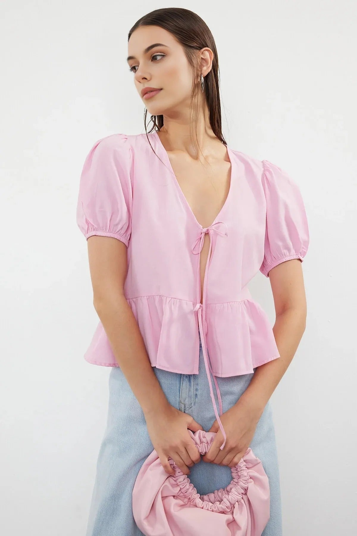 Tie Front V-Neck Short Sleeve Woven Shirt