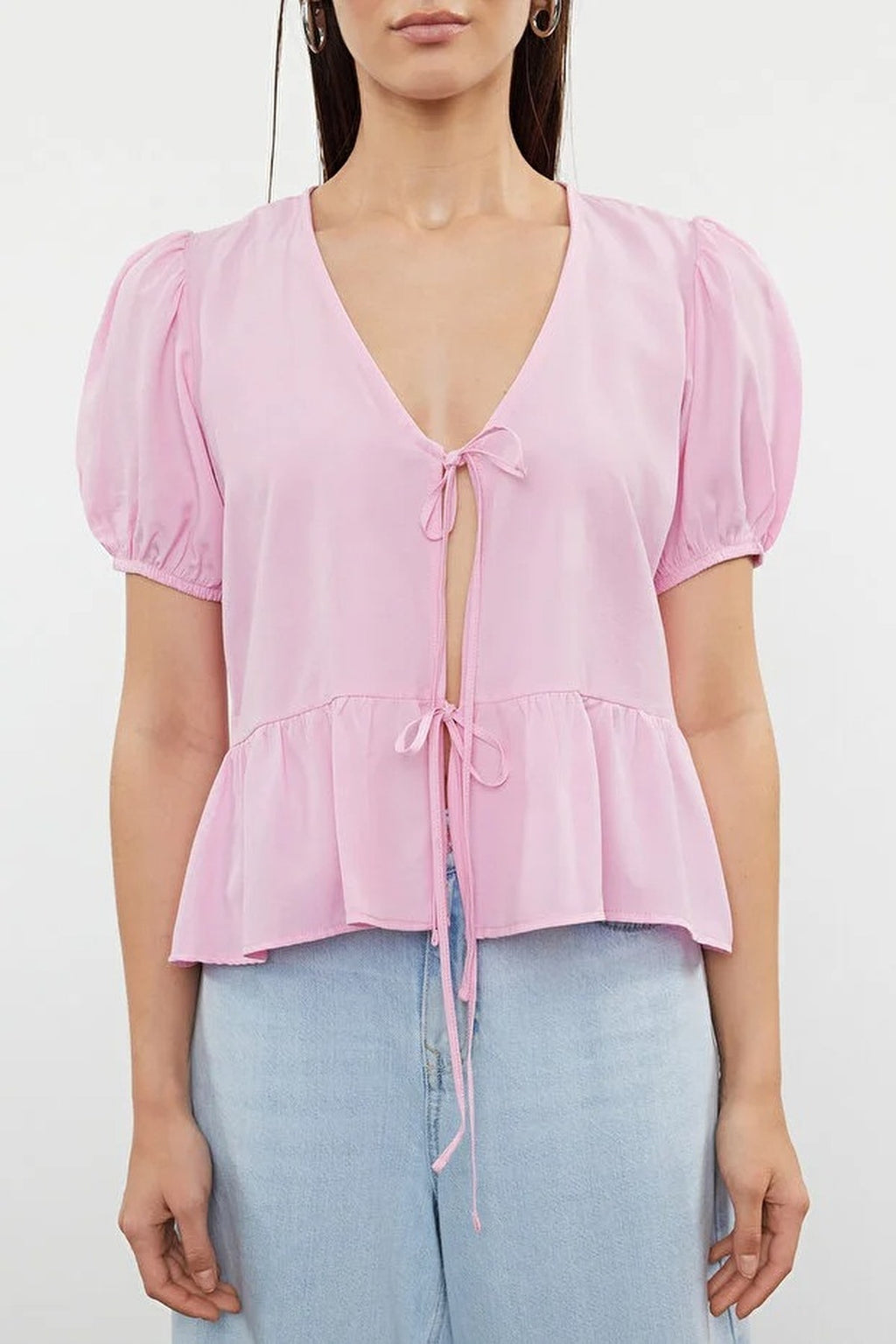 Tie Front V-Neck Short Sleeve Woven Shirt