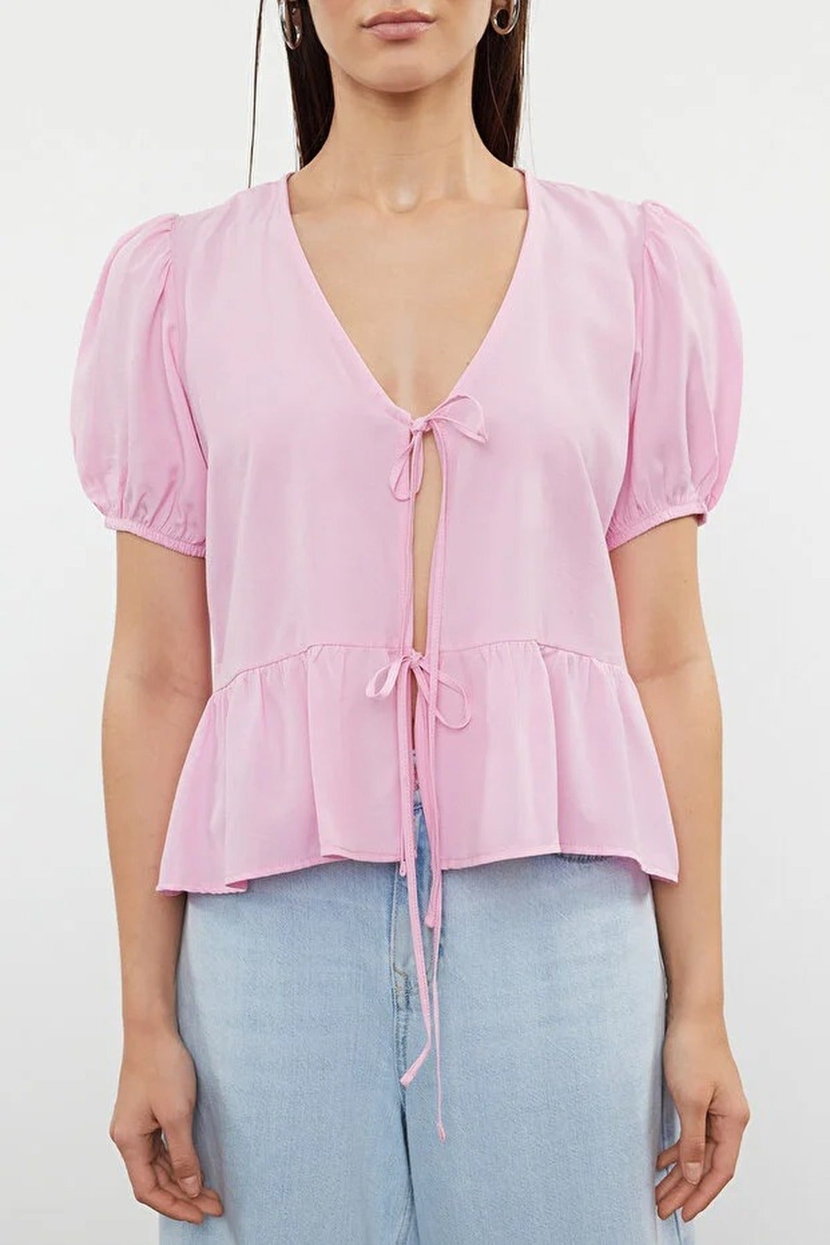 Tie Front V-Neck Short Sleeve Woven Shirt