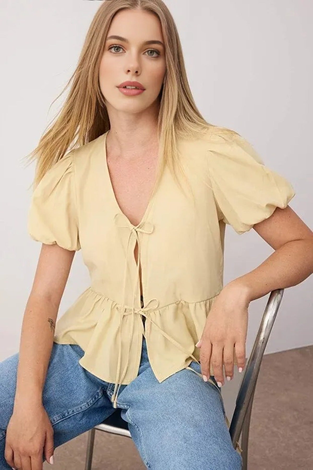 Tie Front V-Neck Short Sleeve Woven Shirt