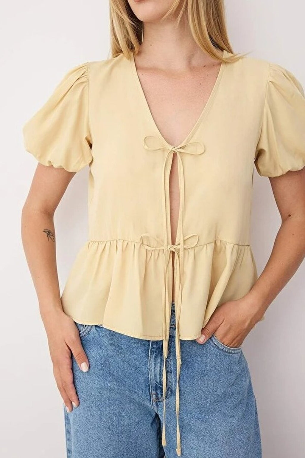 Tie Front V-Neck Short Sleeve Woven Shirt