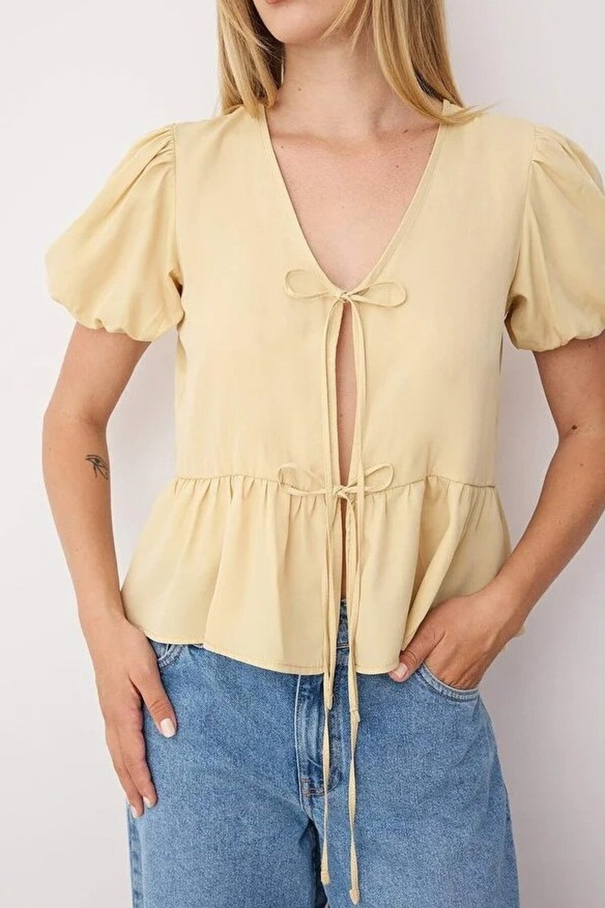 Tie Front V-Neck Short Sleeve Woven Shirt