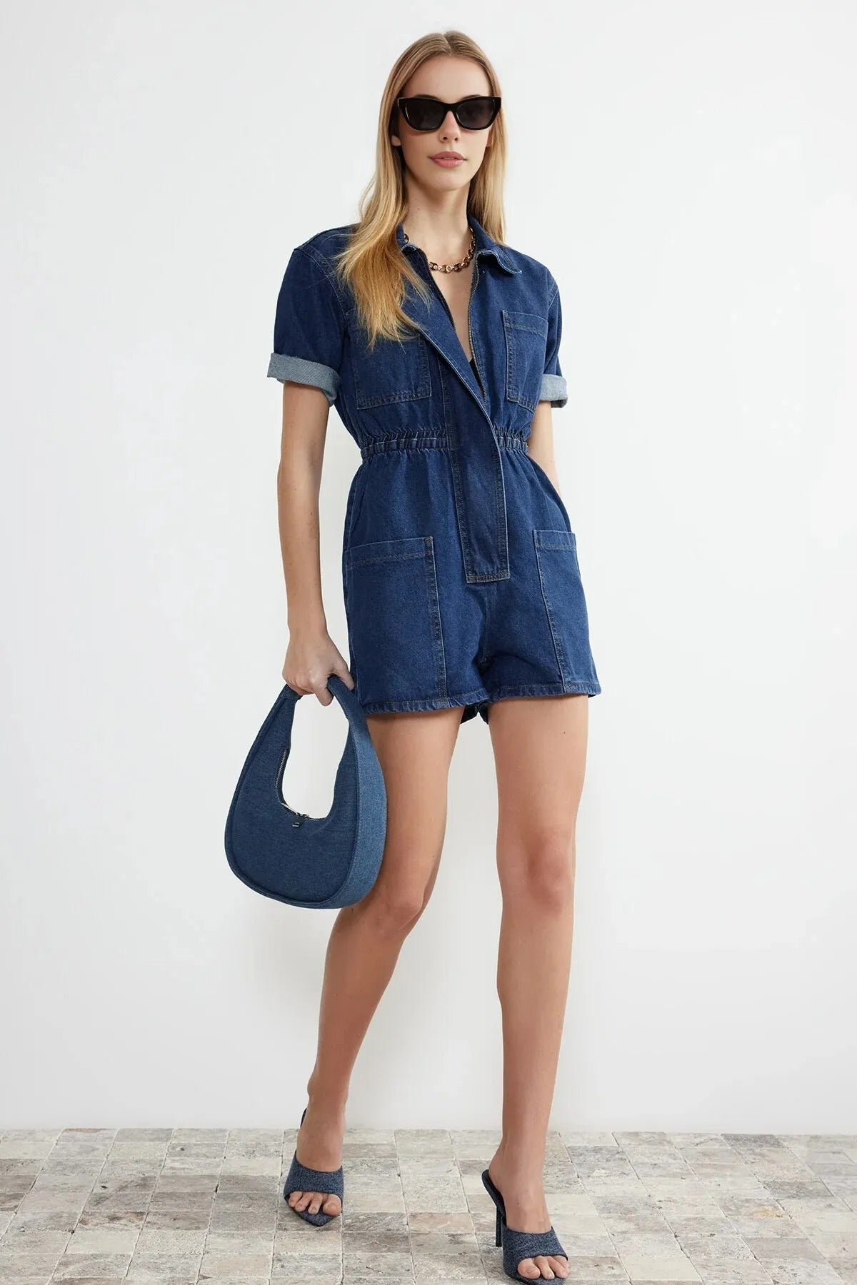Elastic Waist Denim Shorts Playsuit