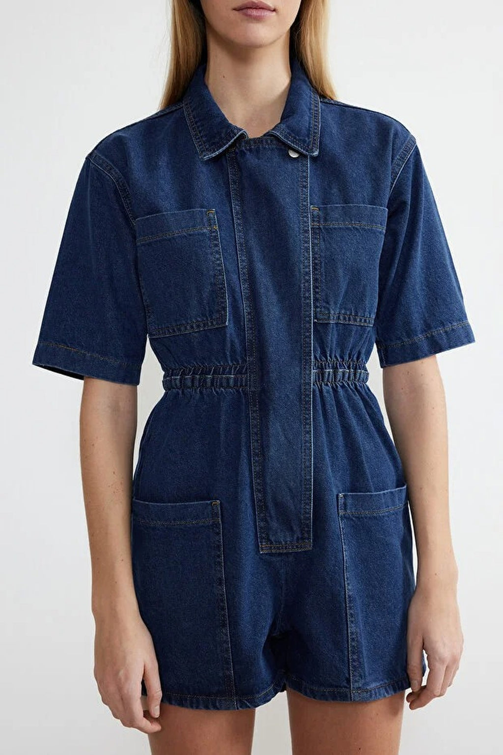Elastic Waist Denim Shorts Playsuit