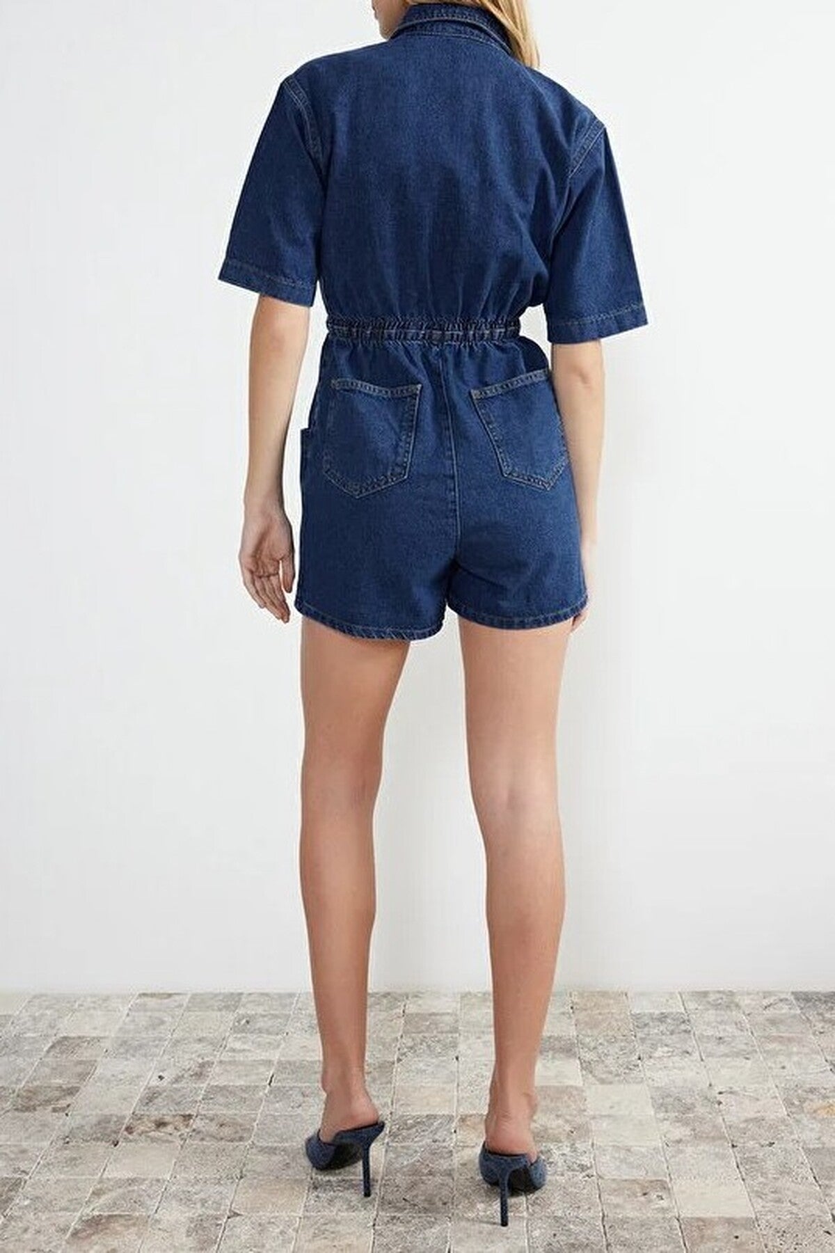 Elastic Waist Denim Shorts Playsuit