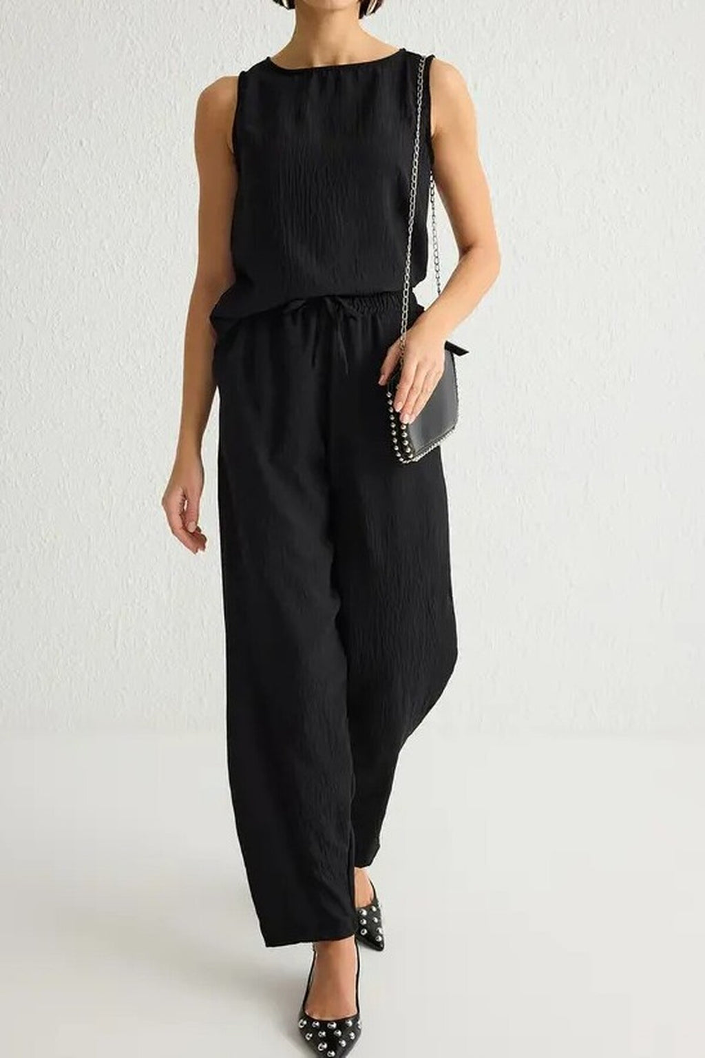 2-Piece Blouse and Wide Leg Pants with Elastic Waistband - Top and Bottom Set 