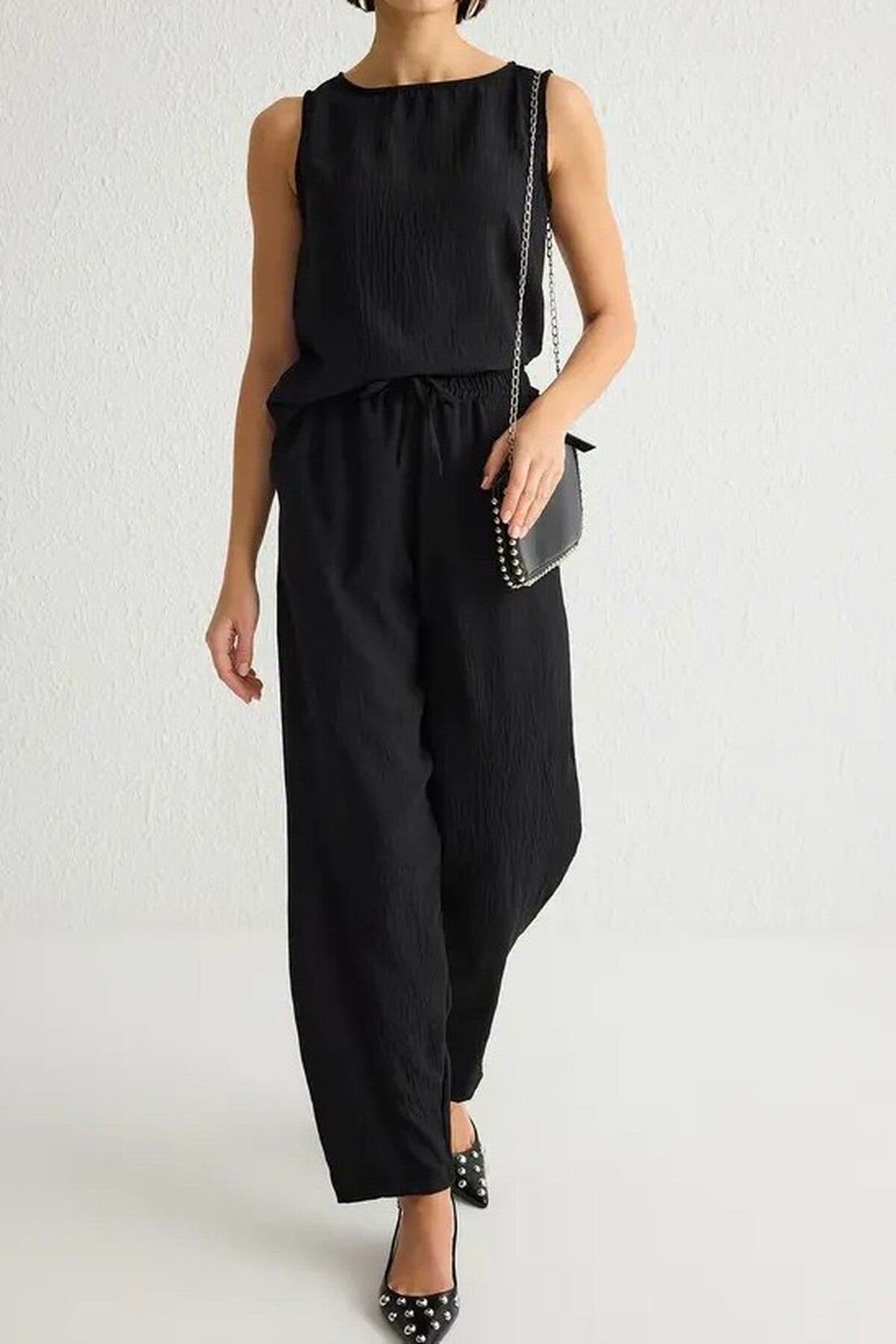 2-Piece Blouse and Wide Leg Pants with Elastic Waistband - Top and Bottom Set 
