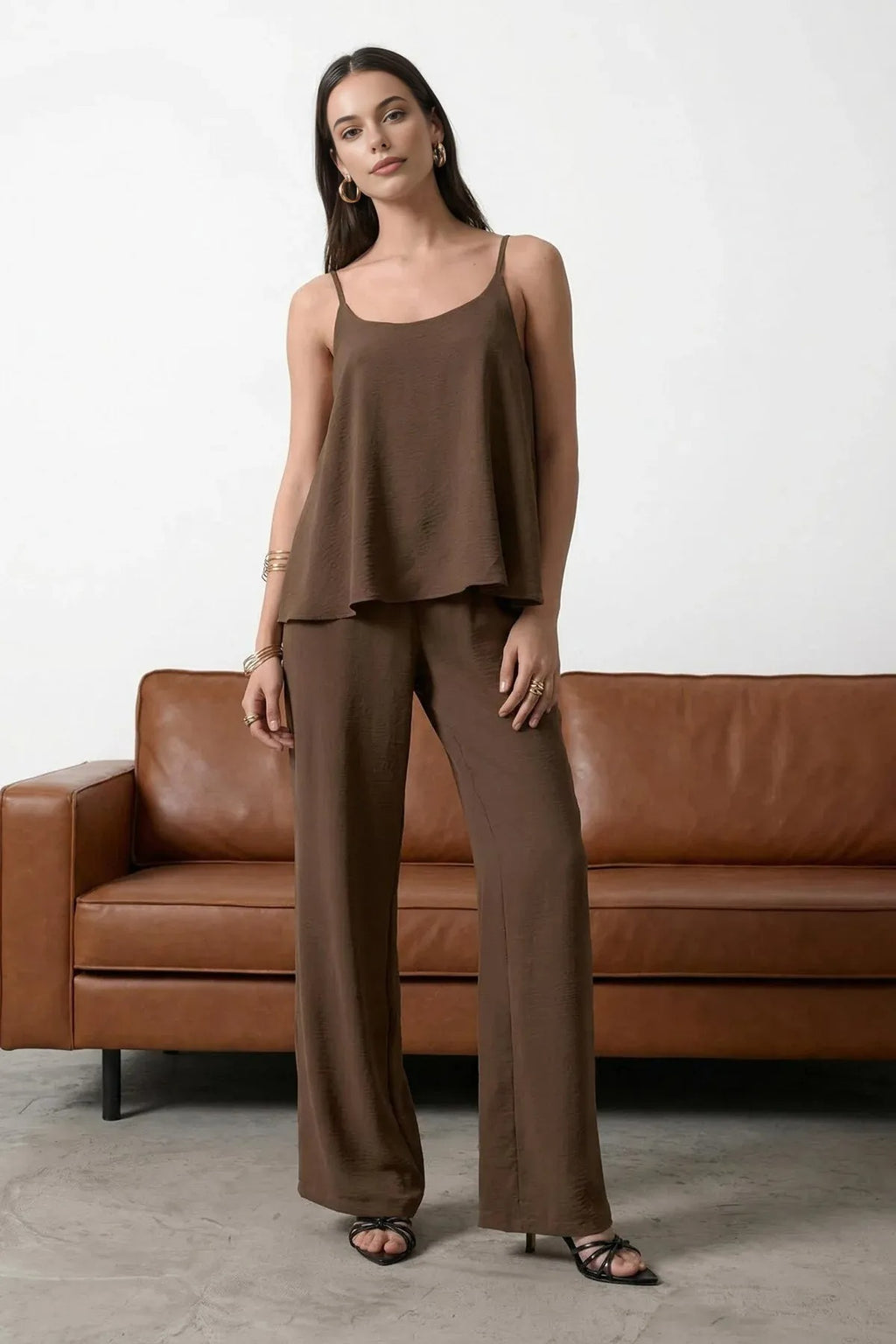 2-Piece Strappy Woven Blouse and Woven Top and Bottom Set