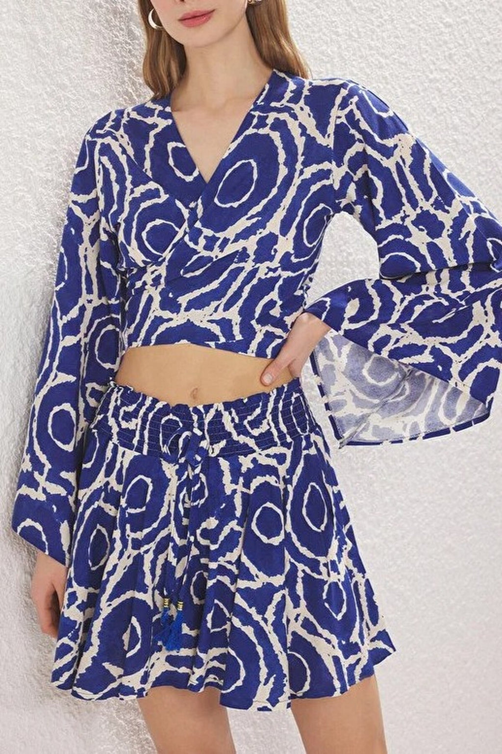 2-Piece Viscose Crop Blouse and Short Skirt Set with Front Tie Detail