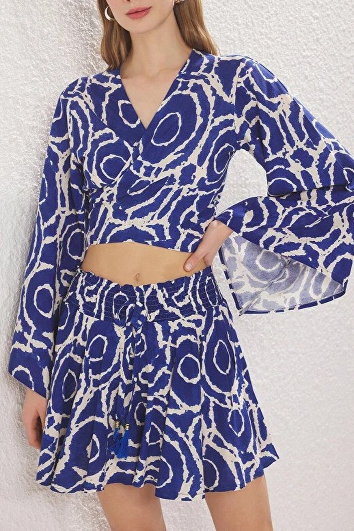 2-Piece Viscose Crop Blouse and Short Skirt Set with Front Tie Detail