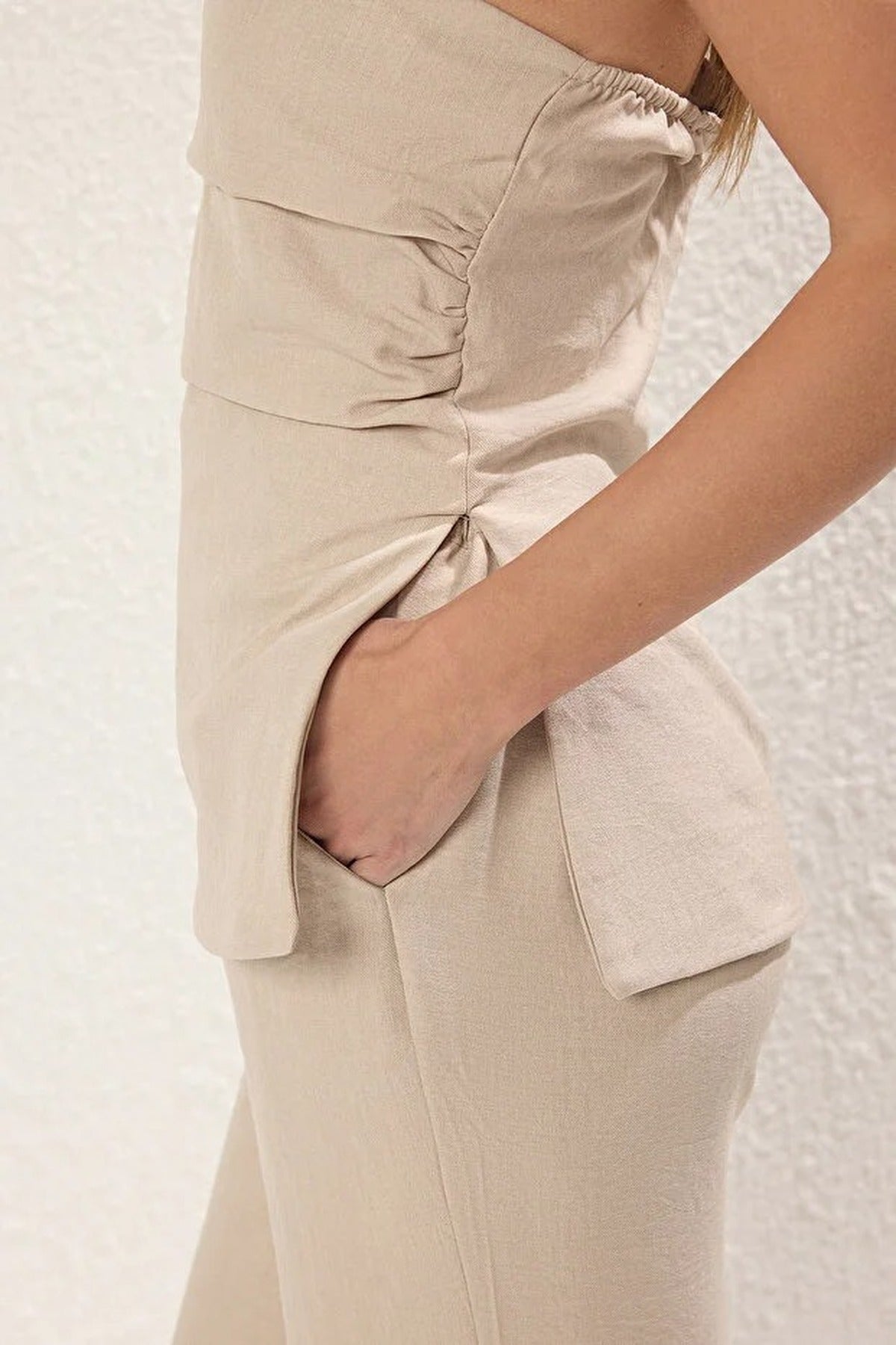 2-Piece Linen-Look Strapless Blouse and Pants Set