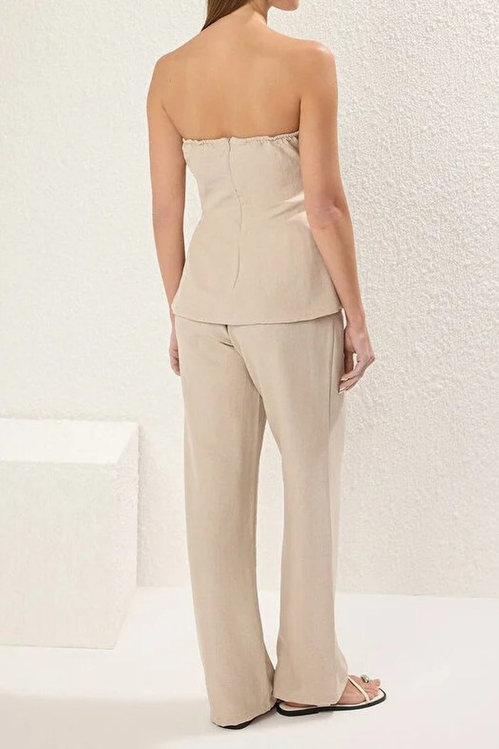 2-Piece Linen-Look Strapless Blouse and Pants Set