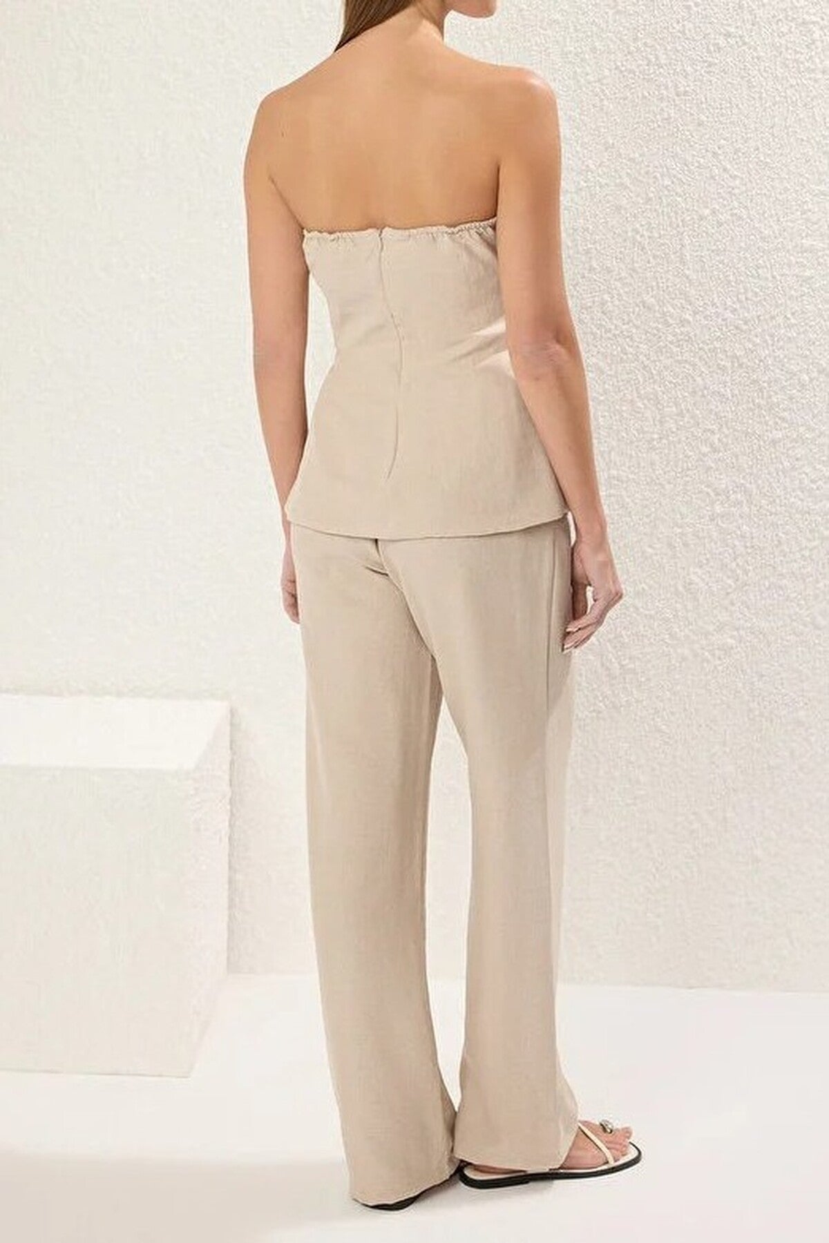 2-Piece Linen-Look Strapless Blouse and Pants Set