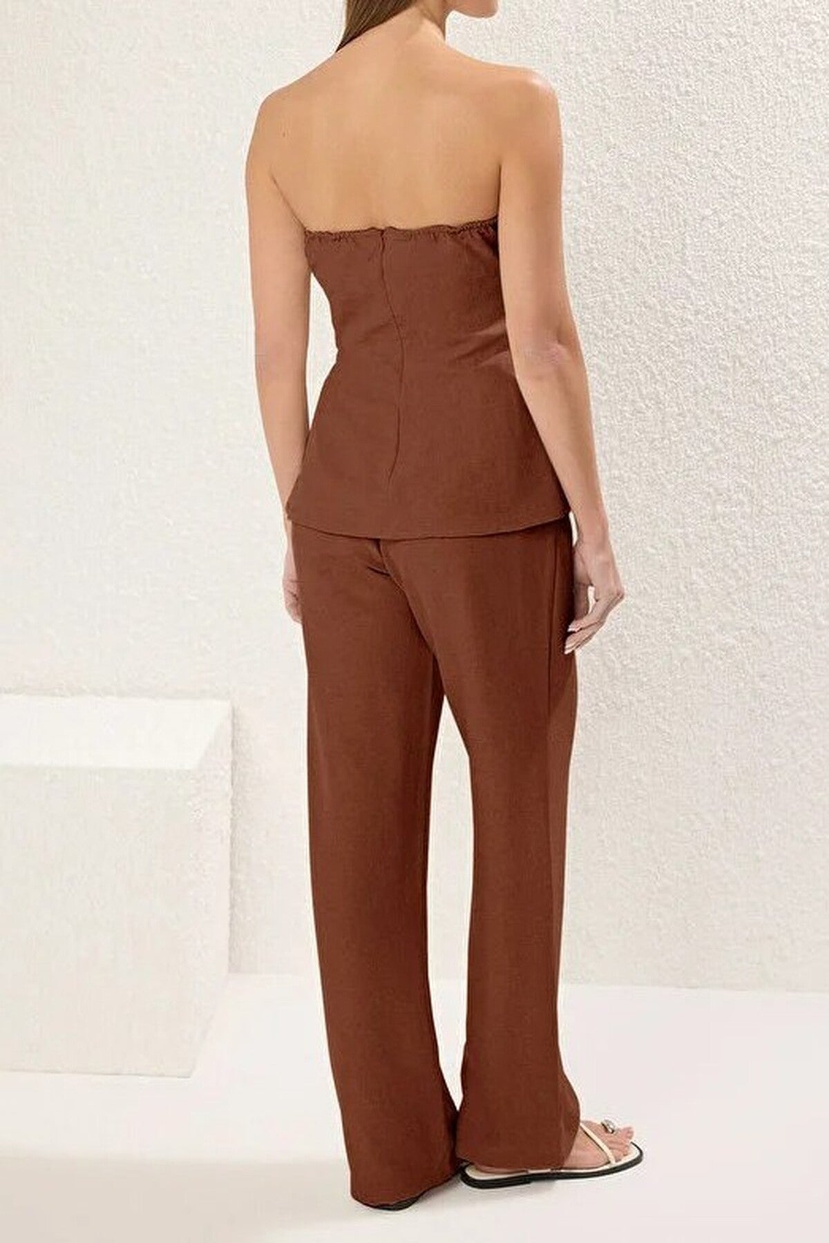 2-Piece Linen-Look Strapless Blouse and Pants Set