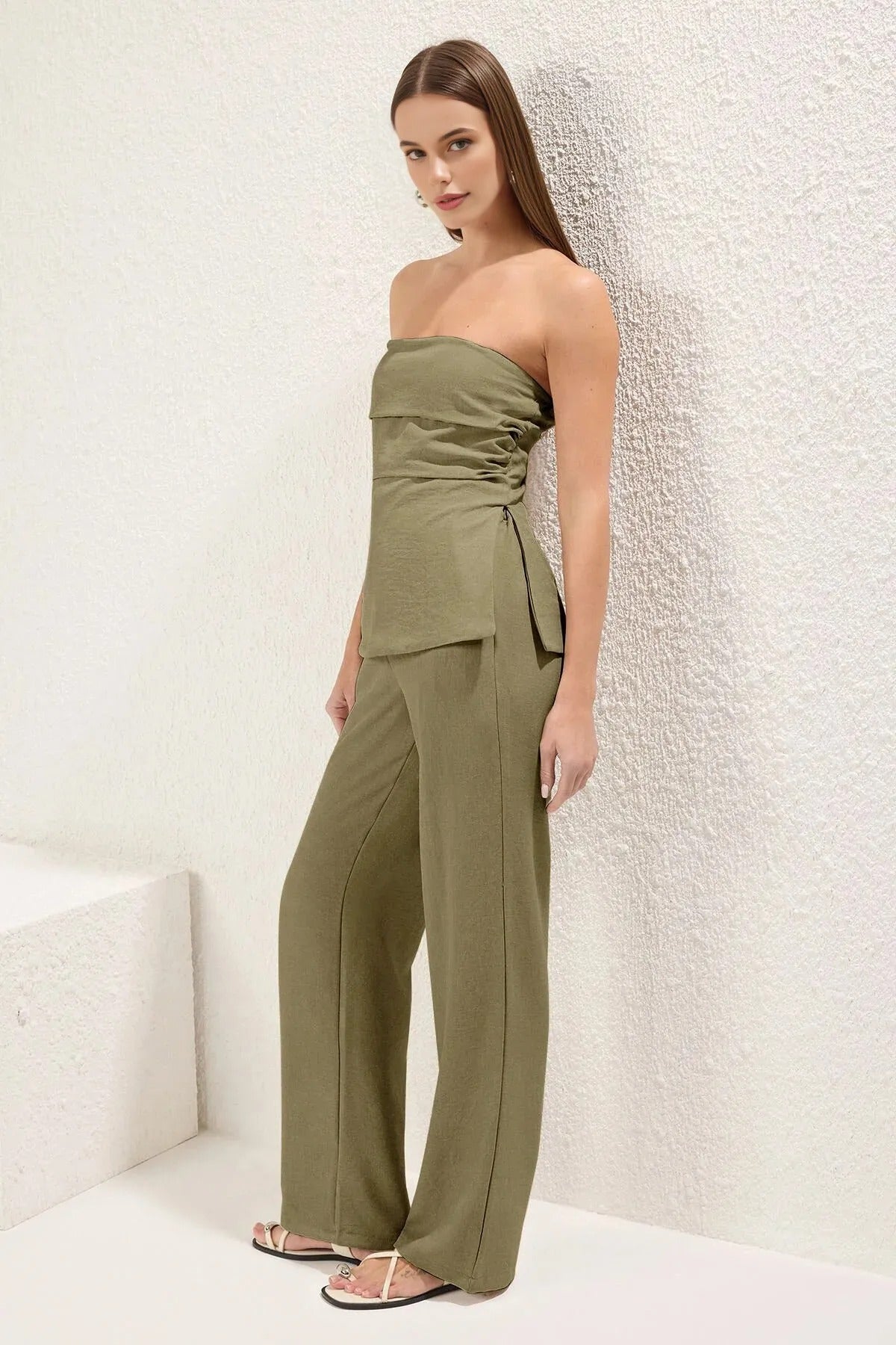 2-Piece Linen-Look Strapless Blouse and Pants Set