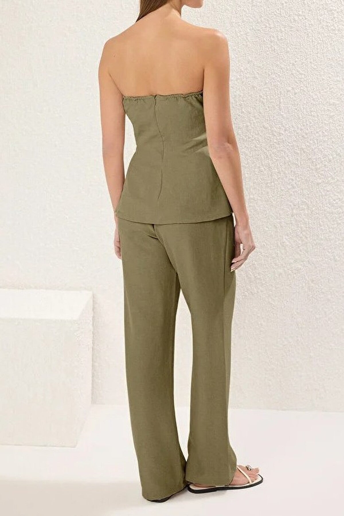 2-Piece Linen-Look Strapless Blouse and Pants Set