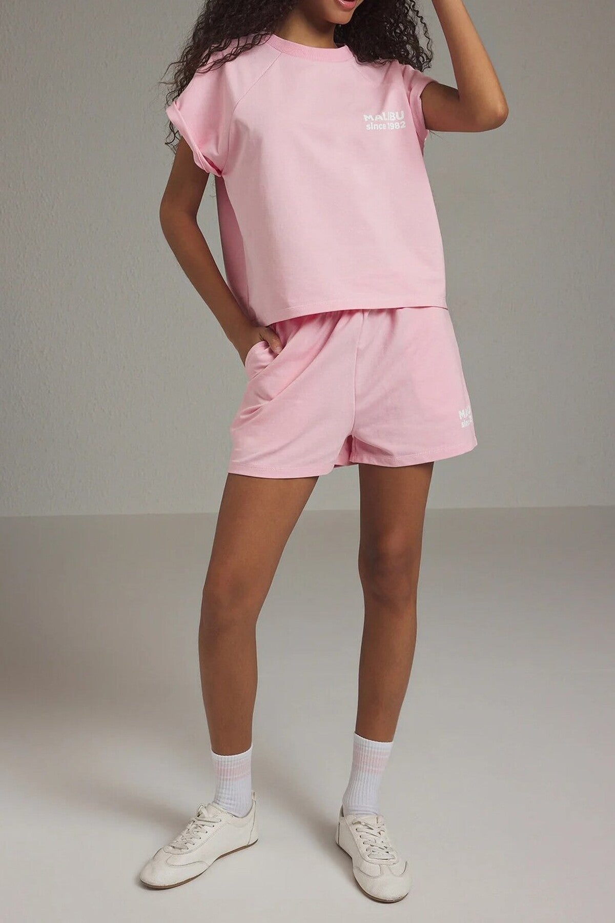 2-Piece Relaxed Fit Slogan Print T-shirt and Shorts Knitted Set