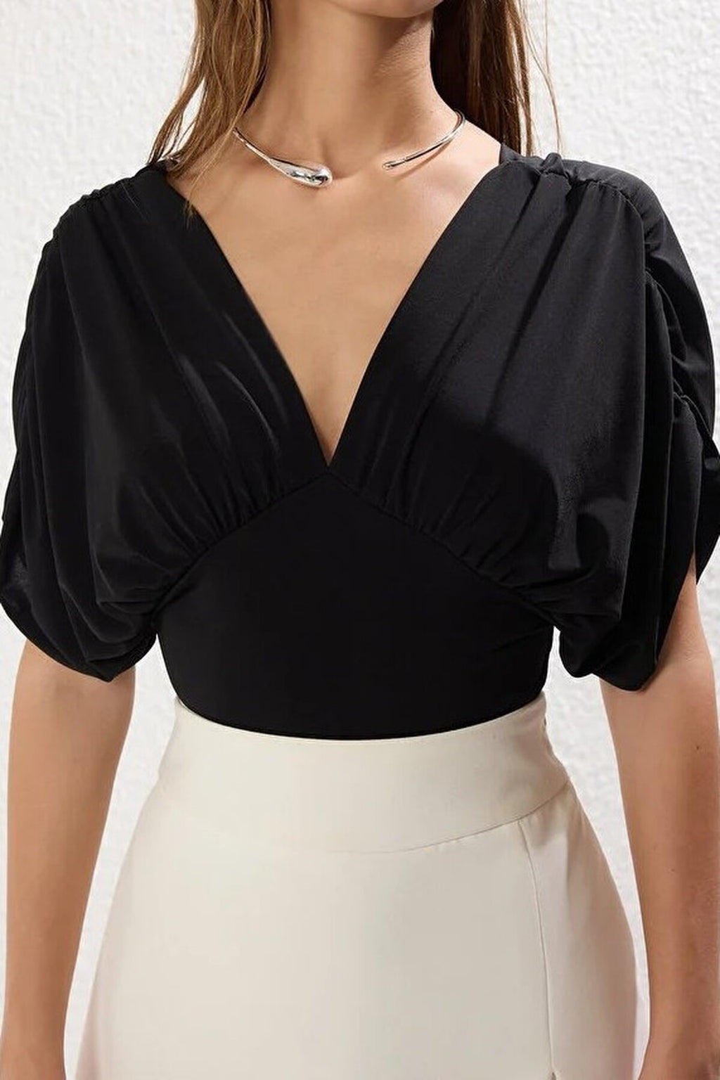 Ruffled Plain Fitted Snap-Button Stretch Knit Bodysuit