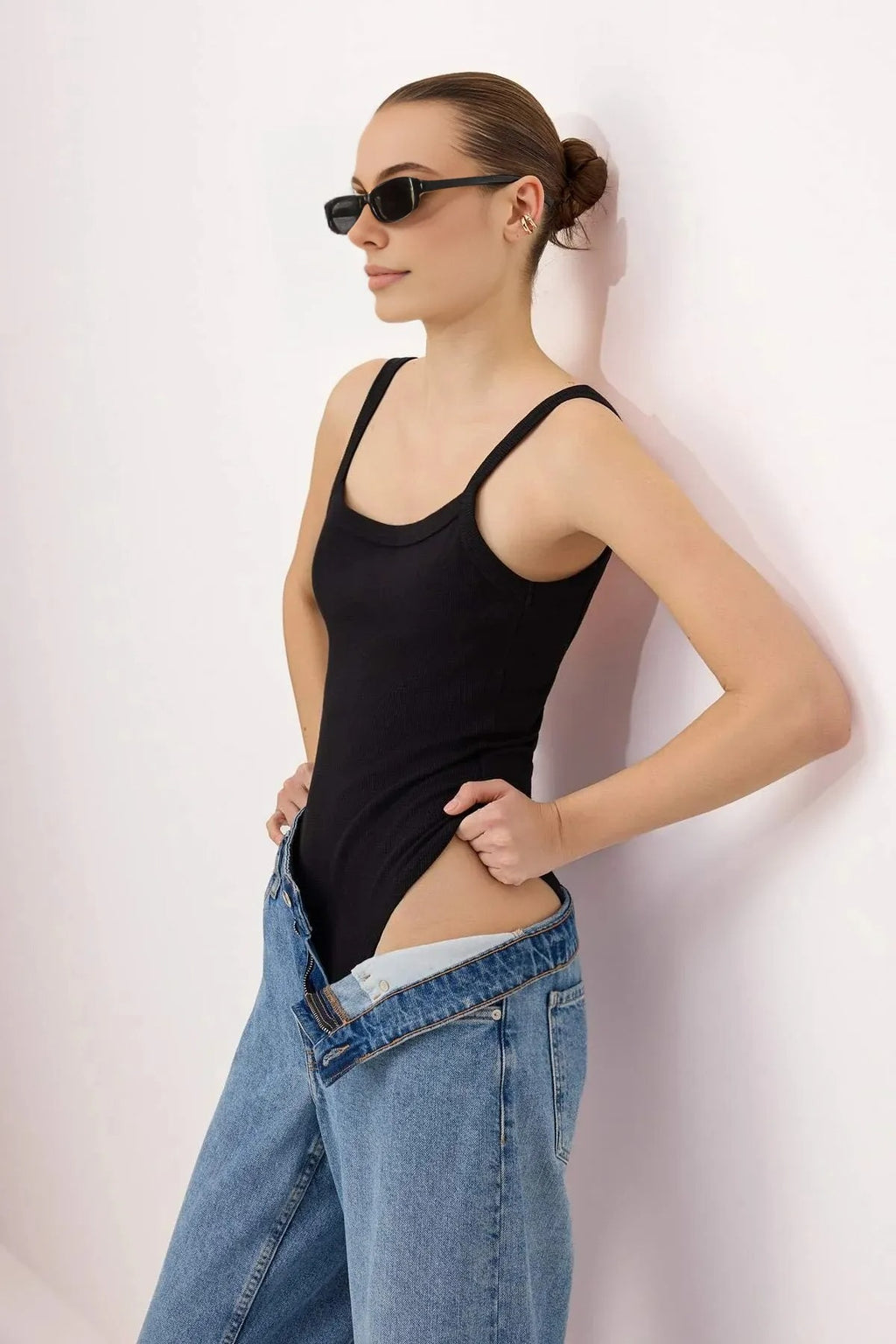 Fitted Pool Neck Thin Strap Long Ribbed Stretch Knit Bodysuit