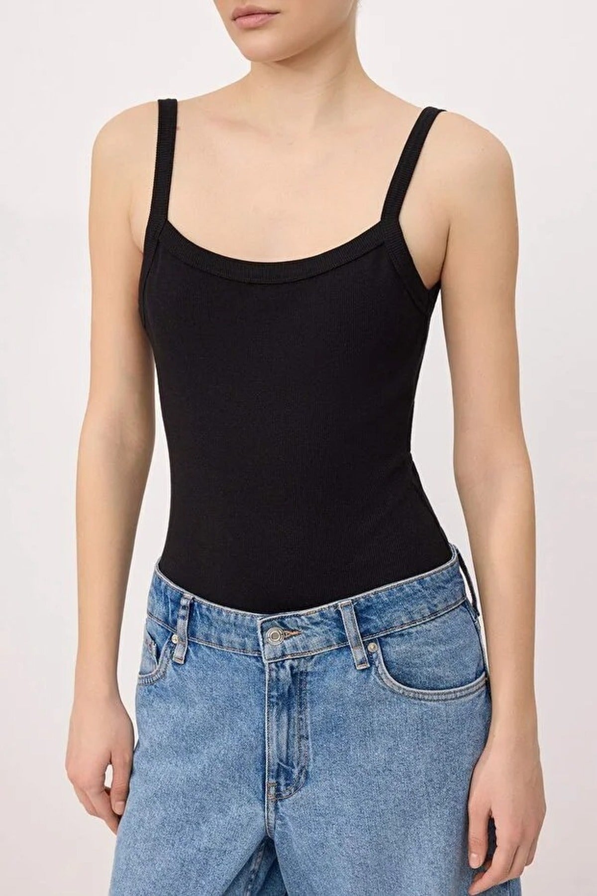 Fitted Pool Neck Thin Strap Long Ribbed Stretch Knit Bodysuit