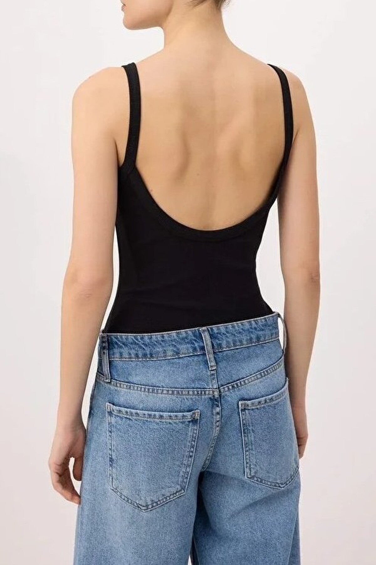 Fitted Pool Neck Thin Strap Long Ribbed Stretch Knit Bodysuit
