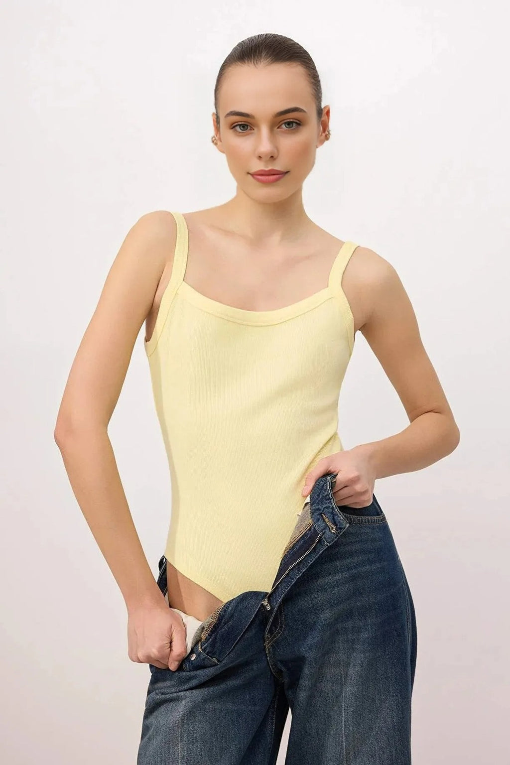 Fitted Pool Neck Thin Strap Long Ribbed Stretch Knit Bodysuit