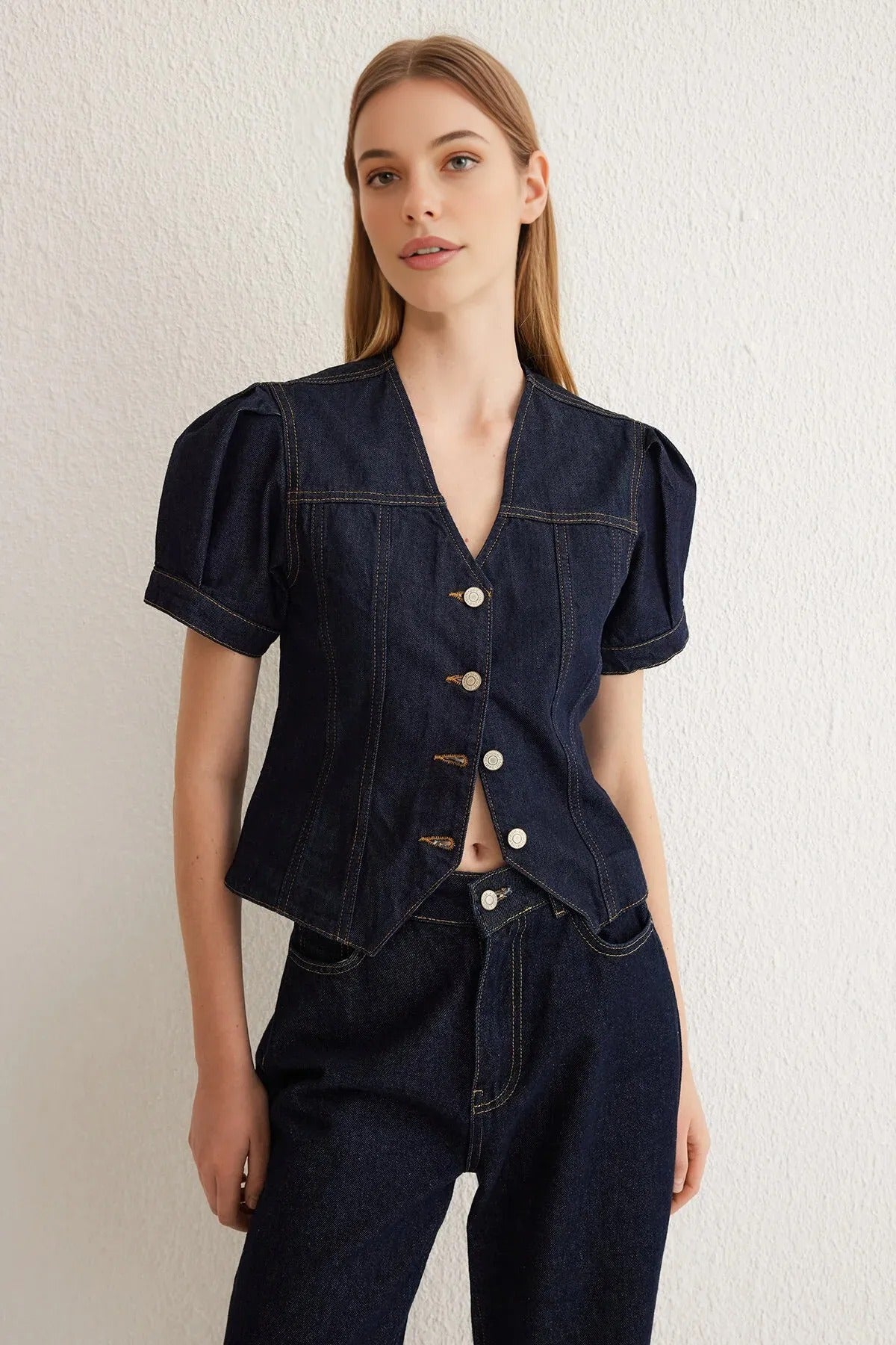 Short Balloon Sleeve V-Neck Denim Blouse