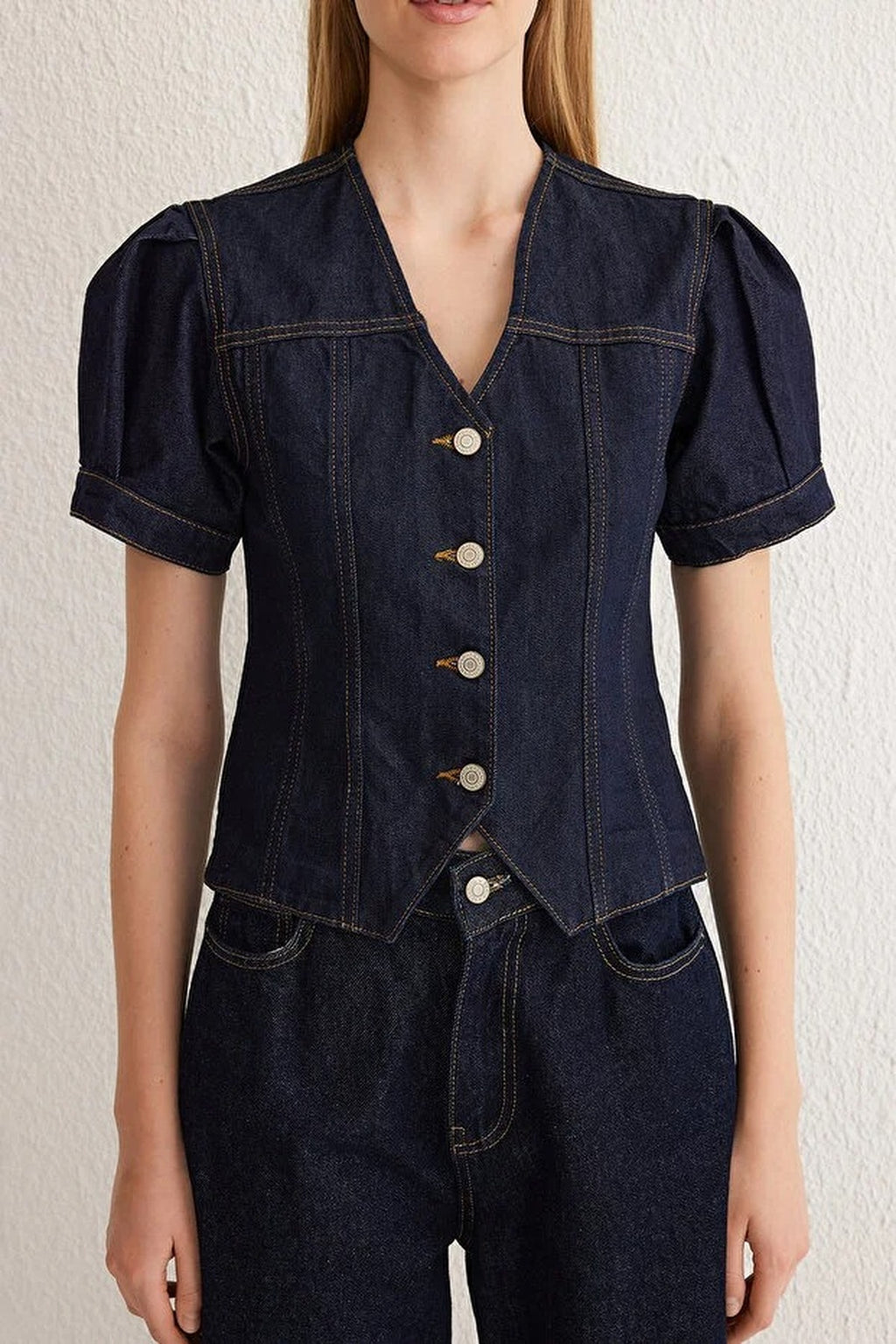 Short Balloon Sleeve V-Neck Denim Blouse