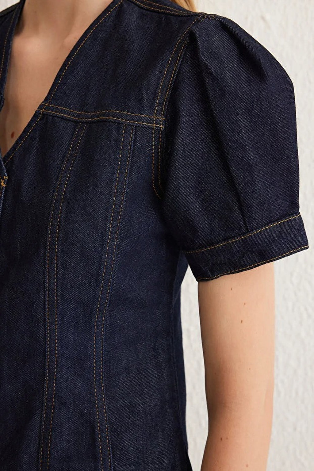 Short Balloon Sleeve V-Neck Denim Blouse