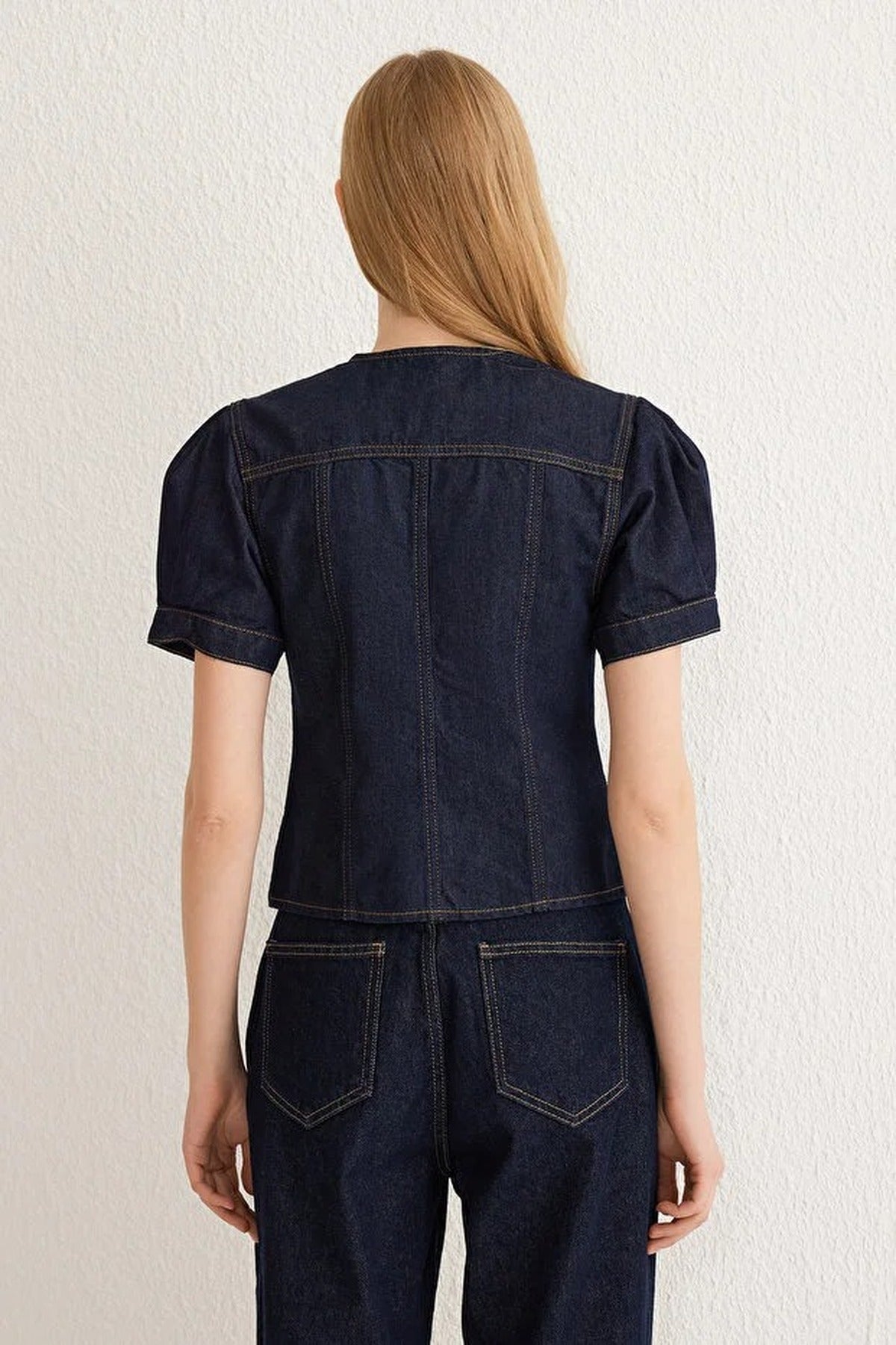Short Balloon Sleeve V-Neck Denim Blouse