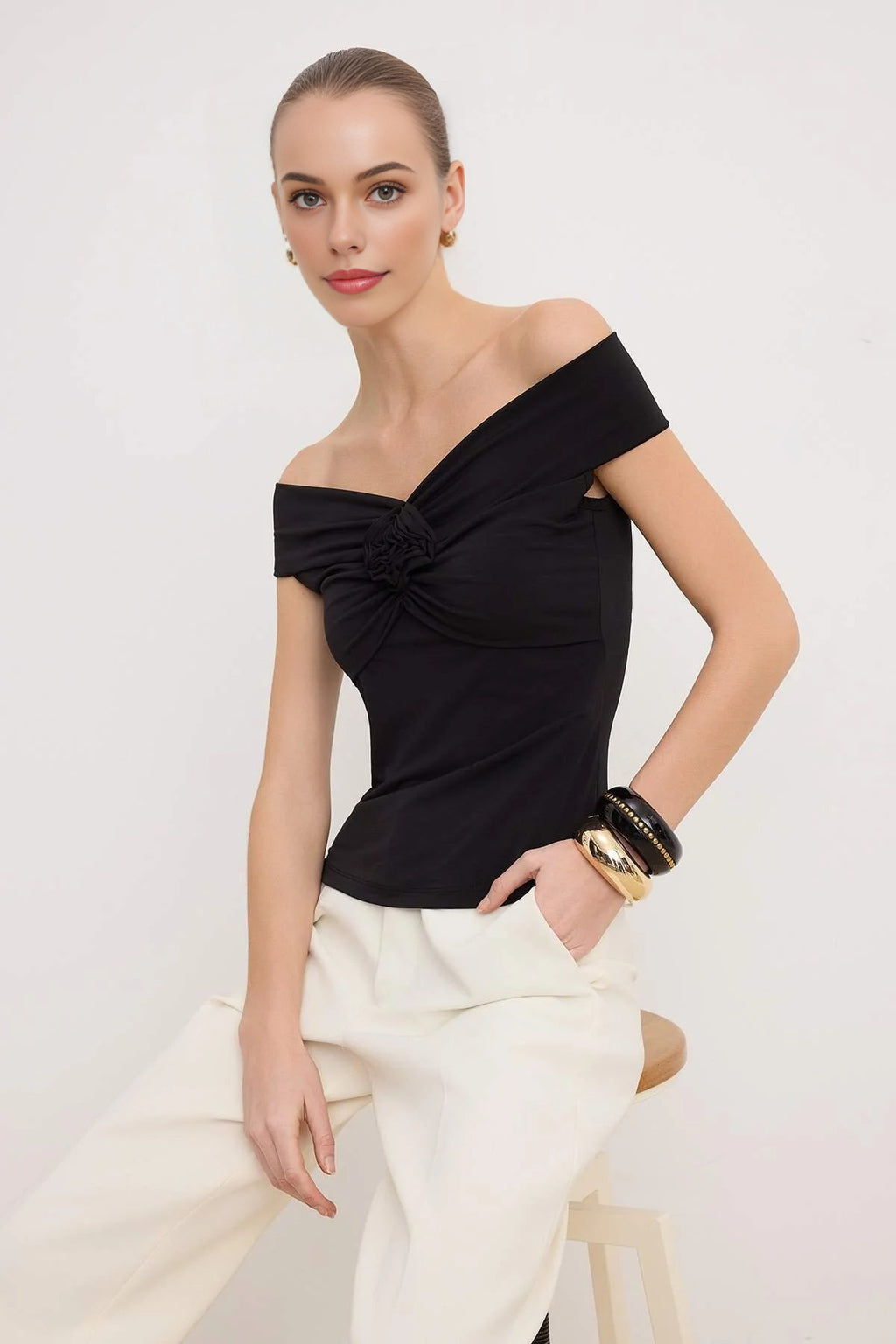 Fitted Stretch Knit Blouse with Rose Detail