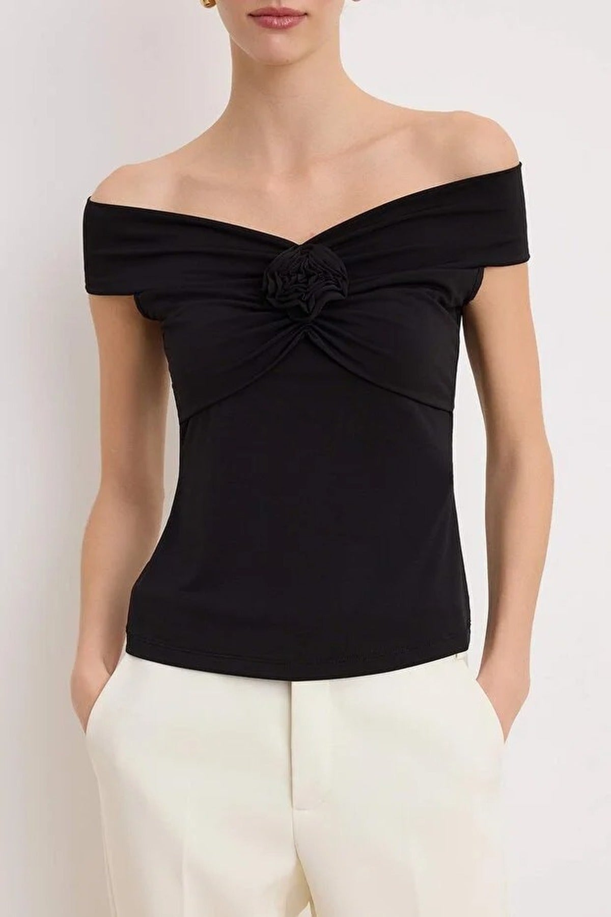 Fitted Stretch Knit Blouse with Rose Detail