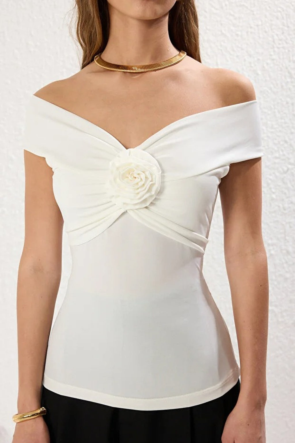 Fitted Stretch Knit Blouse with Rose Detail
