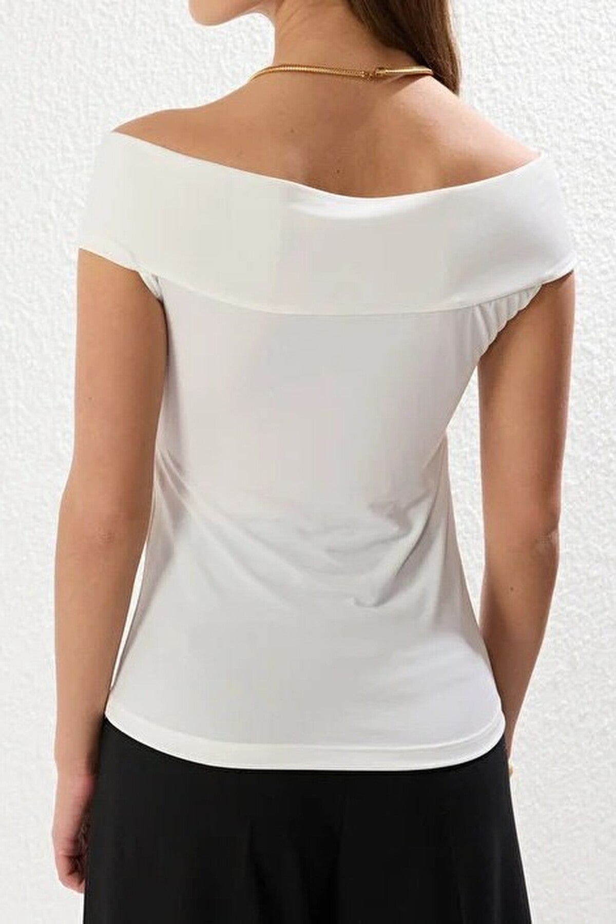 Fitted Stretch Knit Blouse with Rose Detail